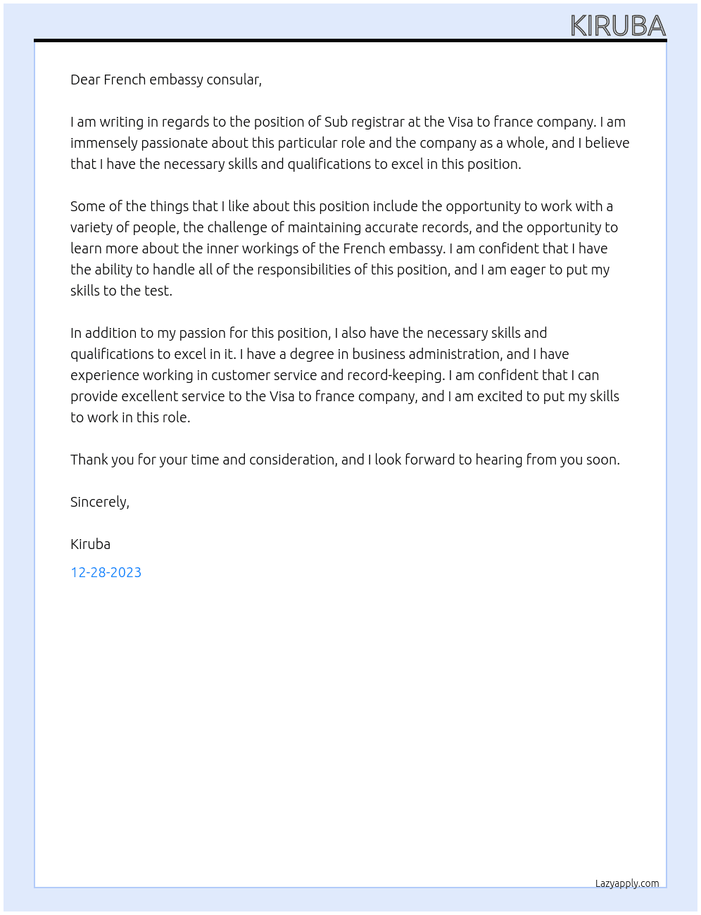 Sub registrar  At Visa to france  Cover Letter