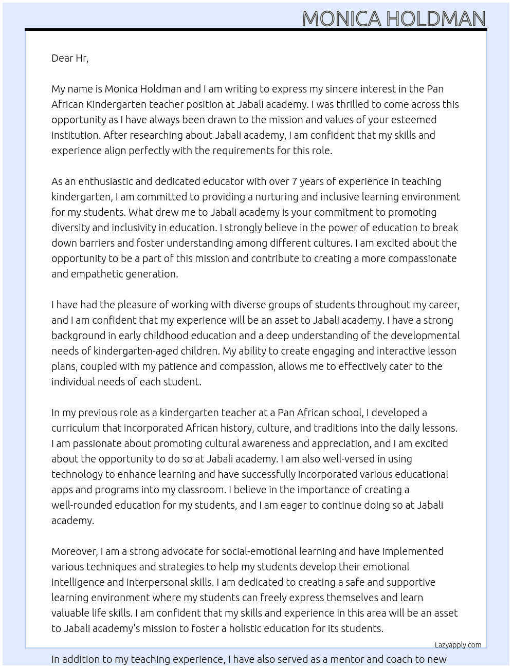 Pan African Kindergarten teacher  At Jabali academy Cover Letter