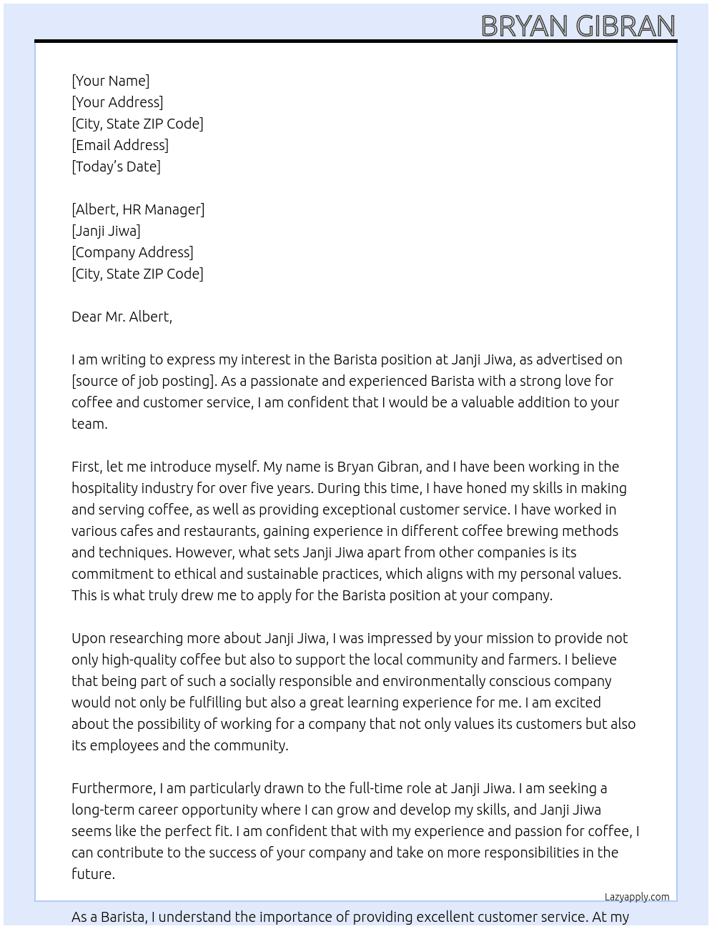 Barista At Janji Jiwa Cover Letter