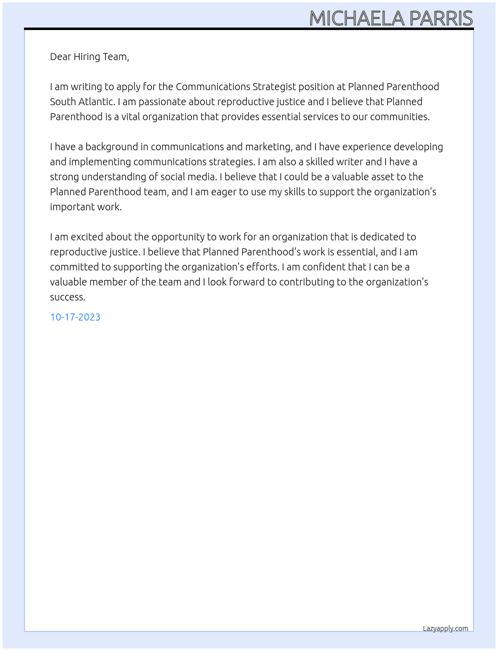 Communications Strategist At Planned Parenthood South Atlantic Cover Letter