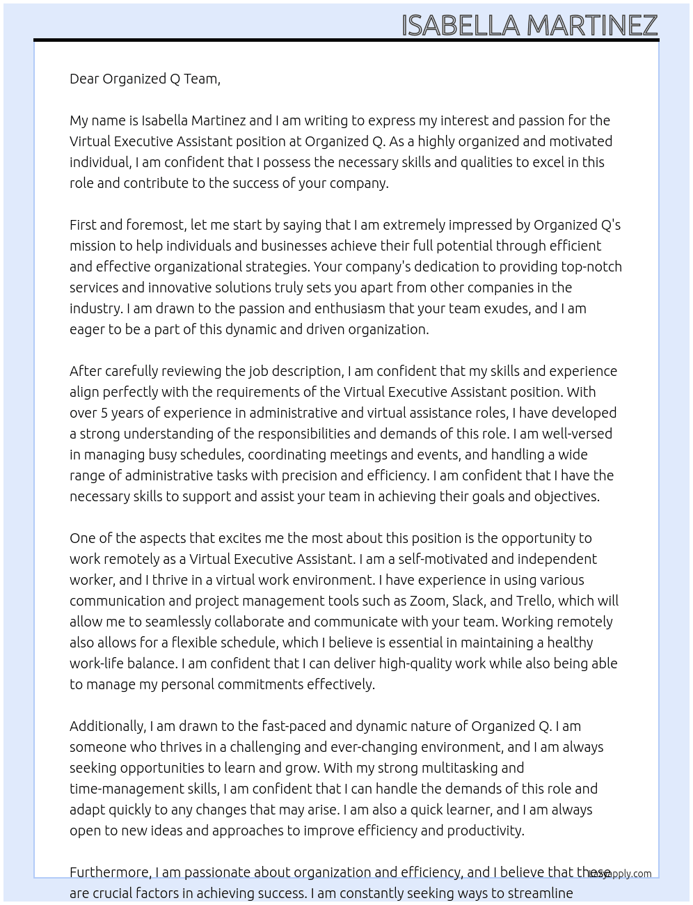 Virtual Executive Assistant At Organized Q Cover Letter