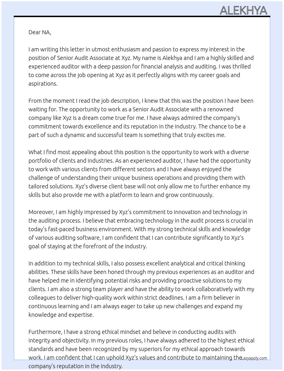 Senior Audit Associate  At Xyz Cover Letter