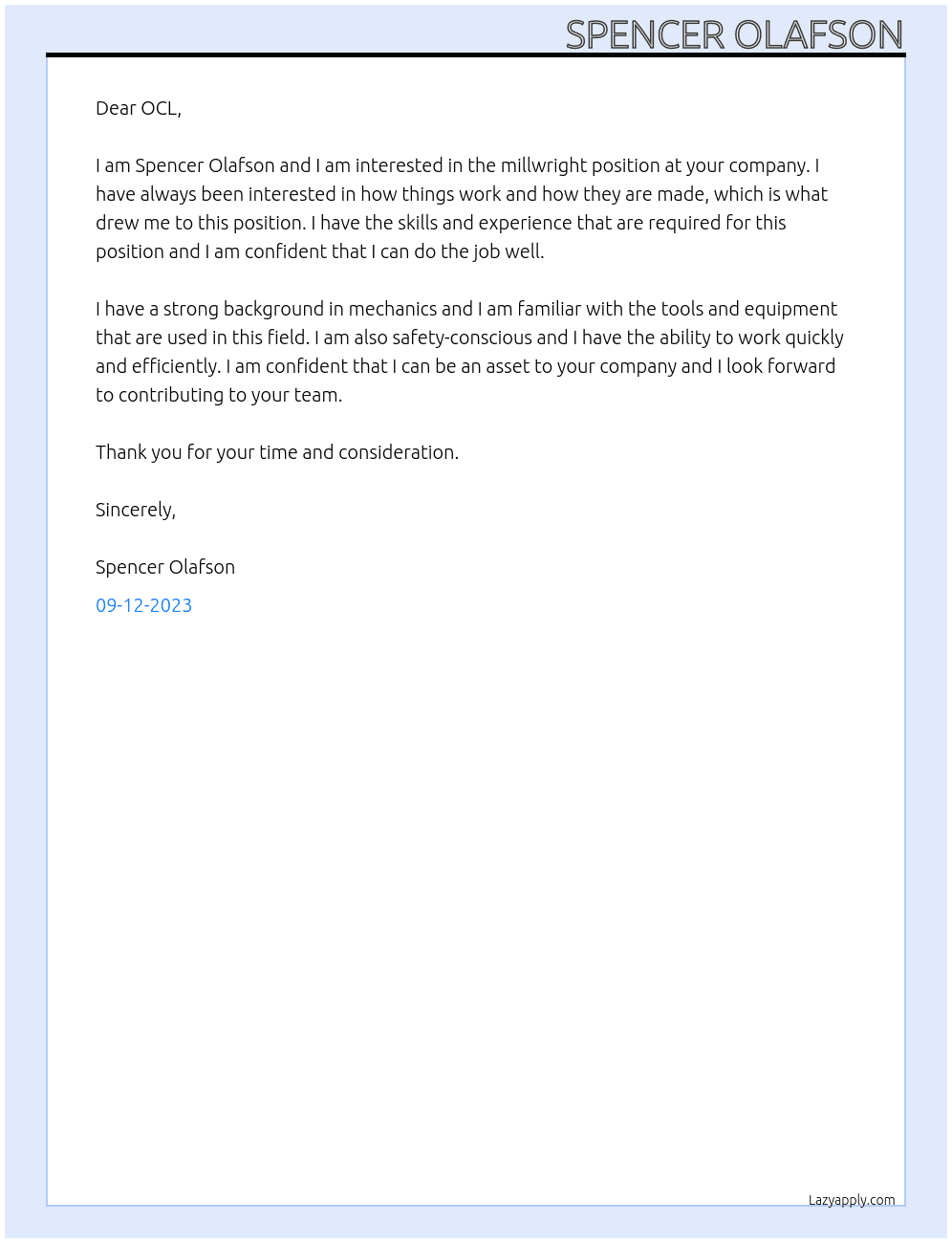 Millwright At OCL Cover Letter