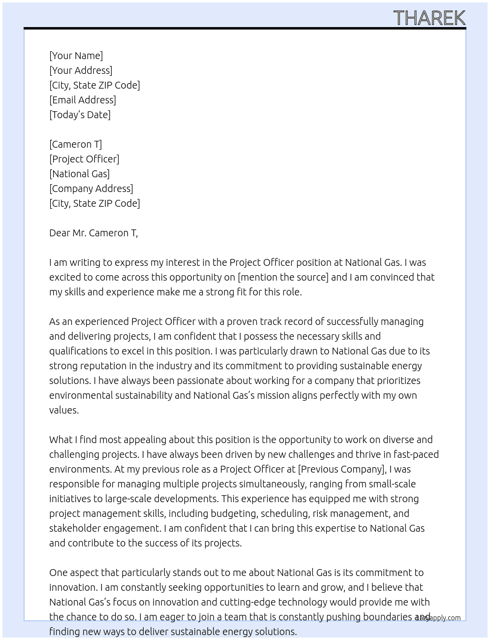 Project Officer  At National Gas Cover Letter