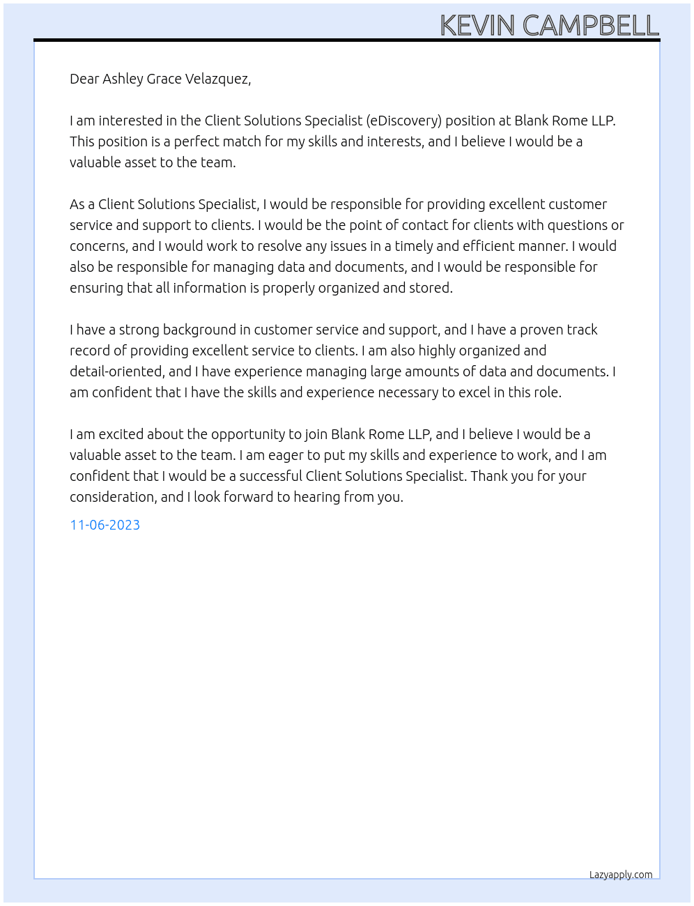 Client Solutions Specialist (eDiscovery) At Blank Rome LLP Cover Letter