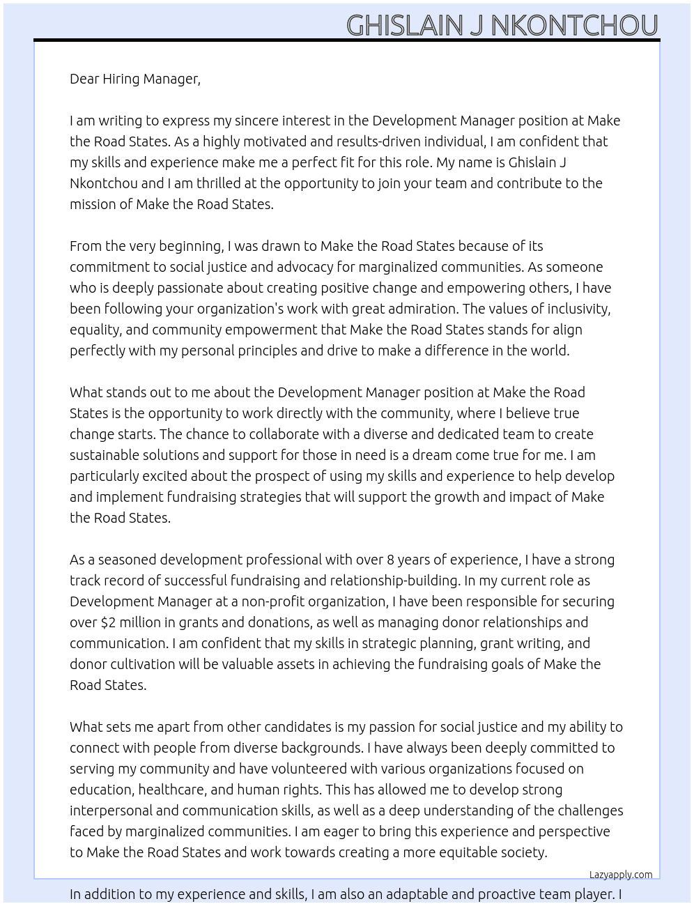 Development Manager At Make the Road States  Cover Letter