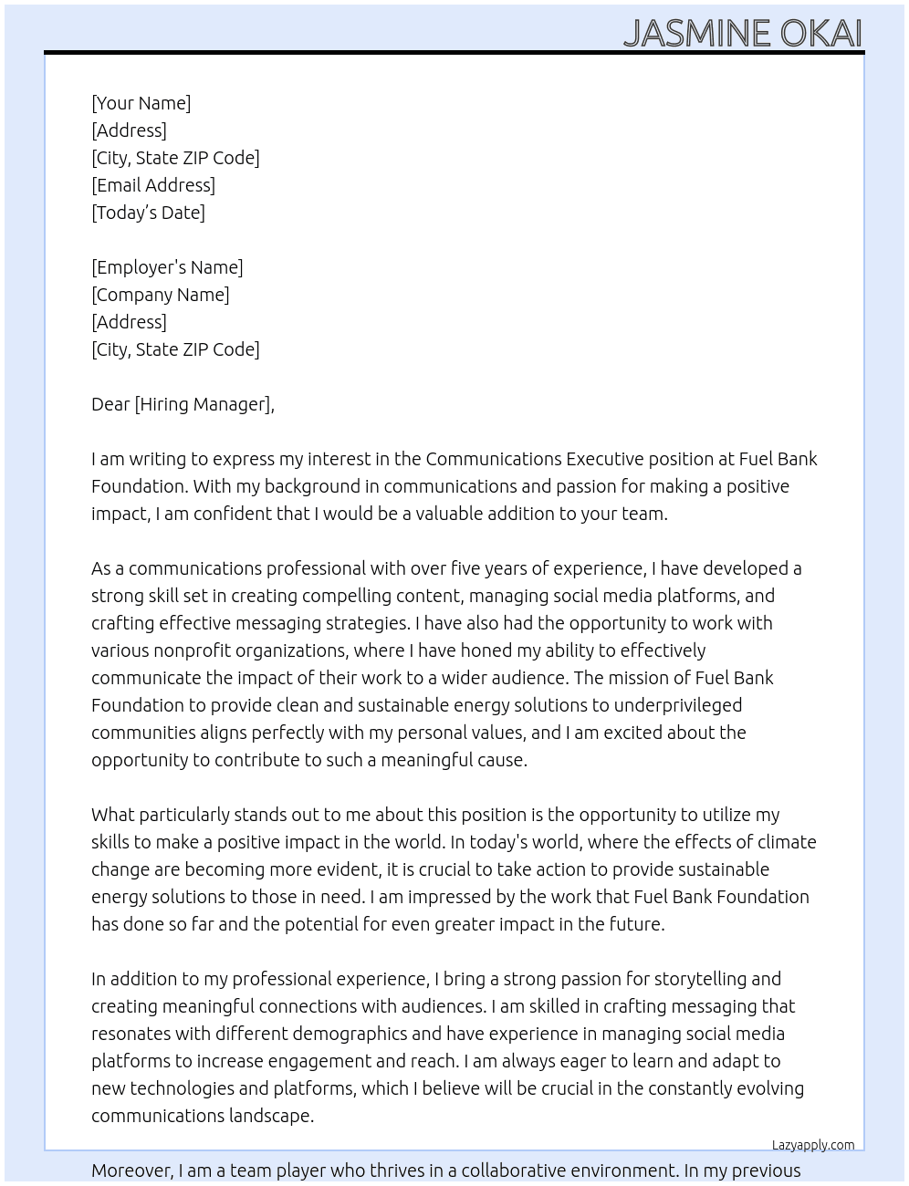 communications executive At Fuel Bank Foundation Cover Letter