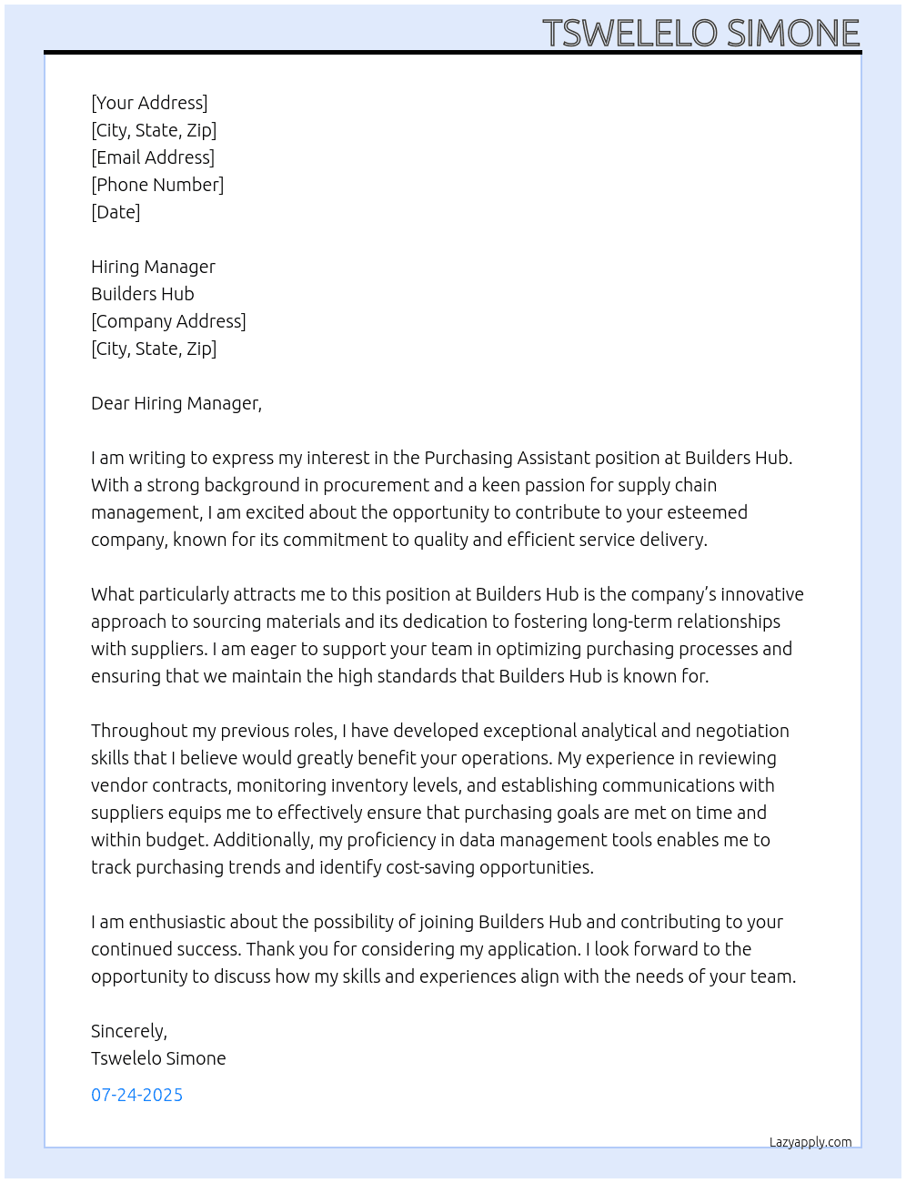 Purchasing assistant At Builders hub Cover Letter