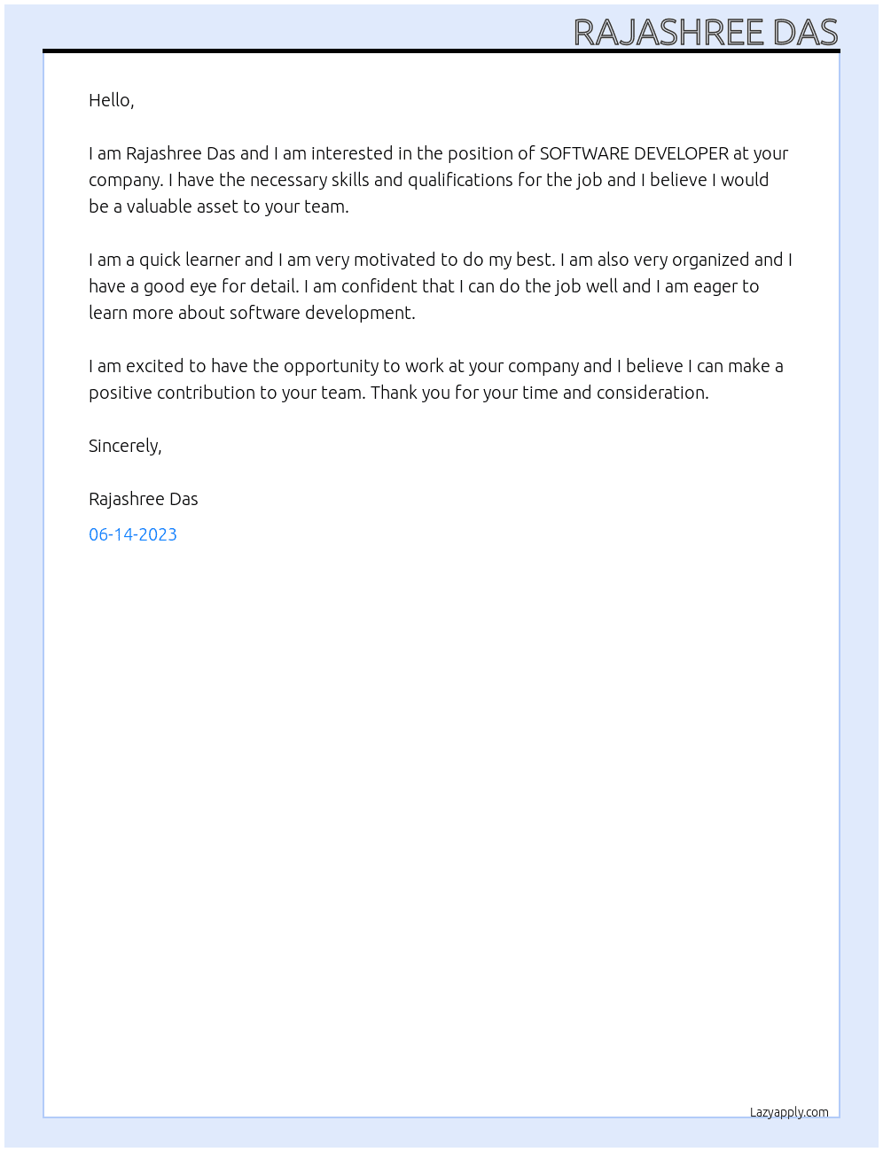 SOFTWRE DEVELOPERS At SOFTWARE COMPANY Cover Letter