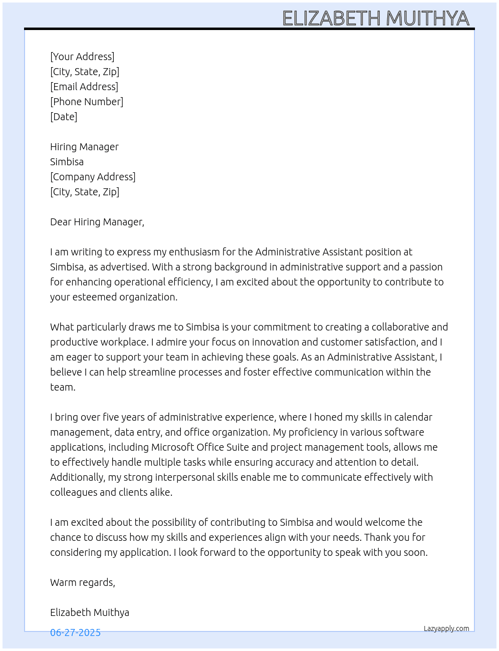 Administrative Assistant  At Simbisa Cover Letter