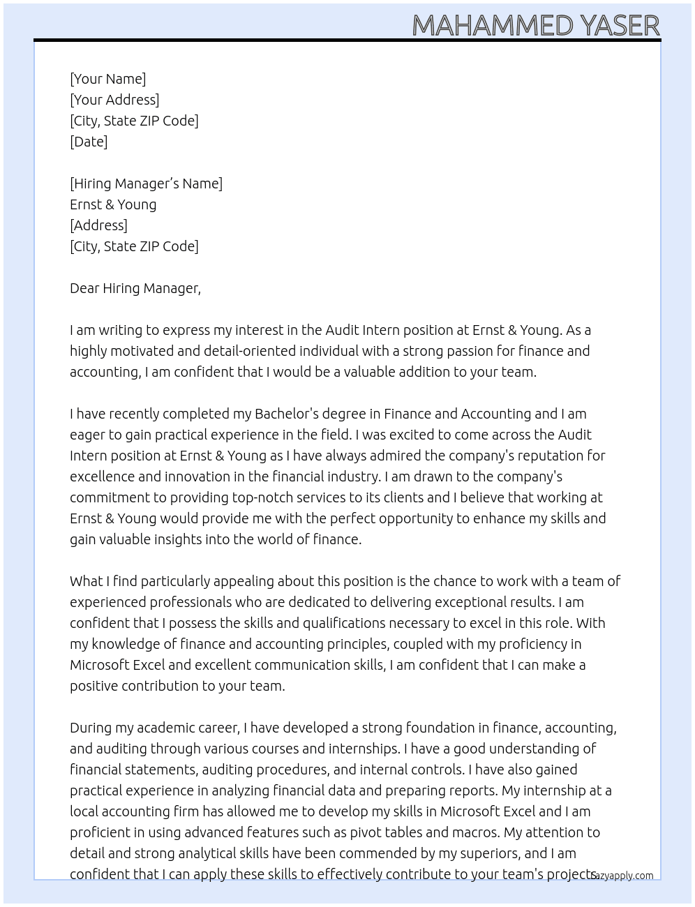 Audit intern At Ernst & young Cover Letter