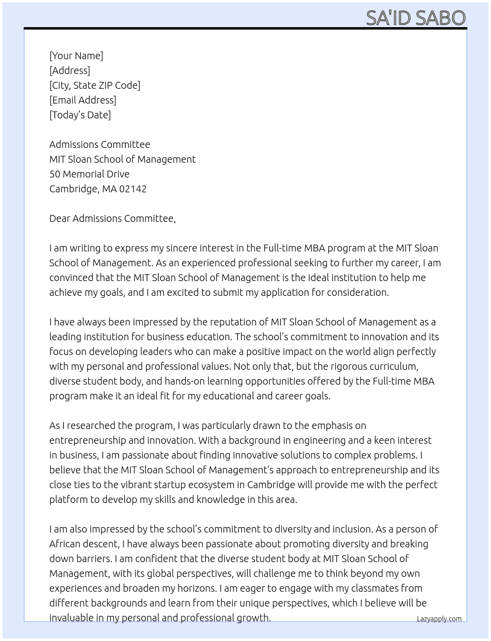 Application for Full time MBA At  MIT Sloan School of Management Cover Letter