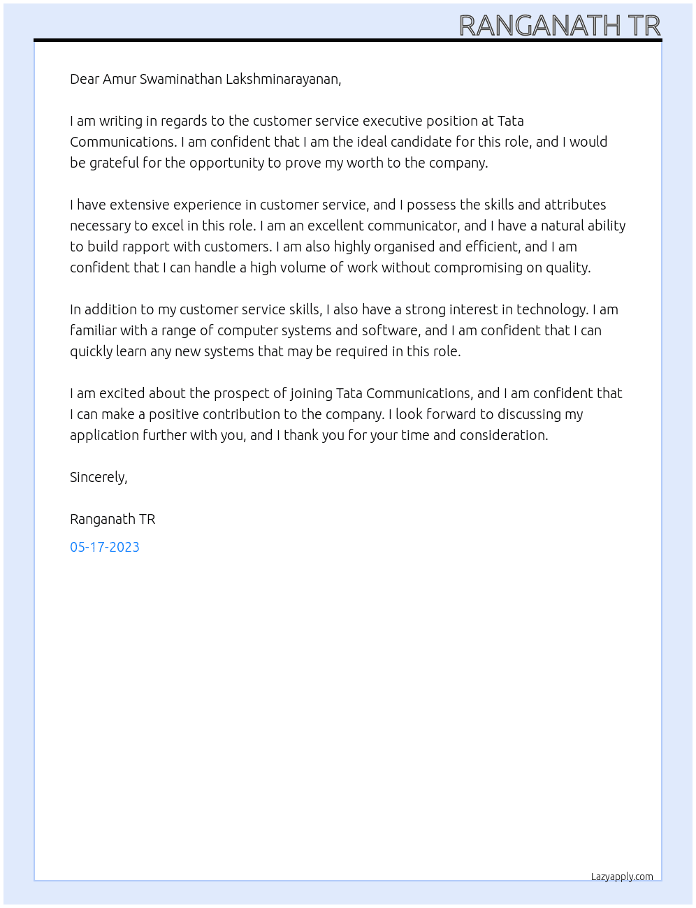 Customer service exicutive At TATA Commununication Cover Letter