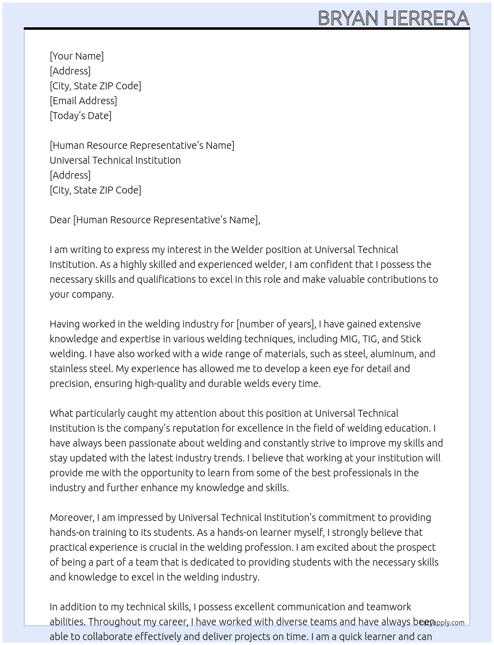 Welder At Universal Technical Insitution Cover Letter