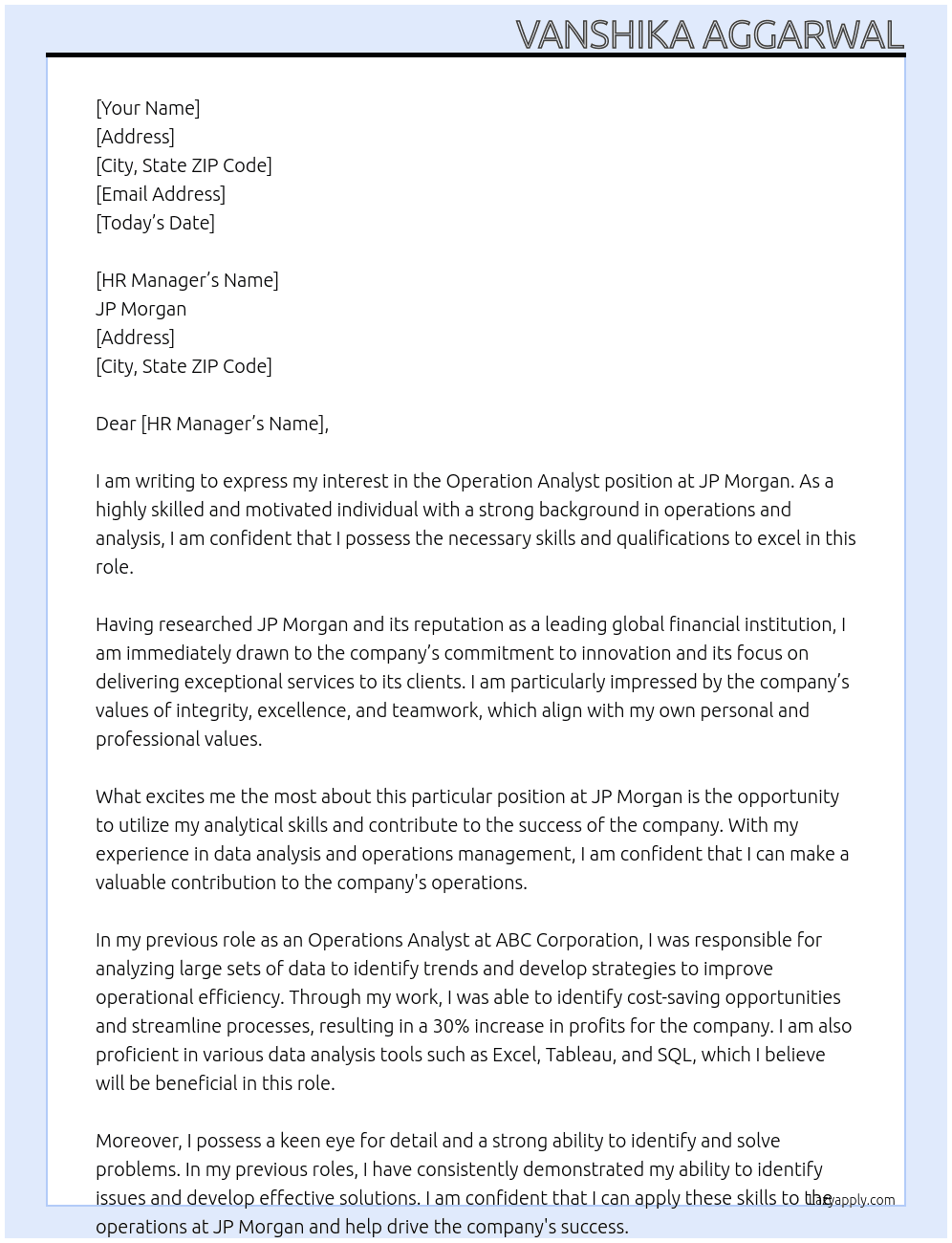 Operation analyst At Jp morgan Cover Letter