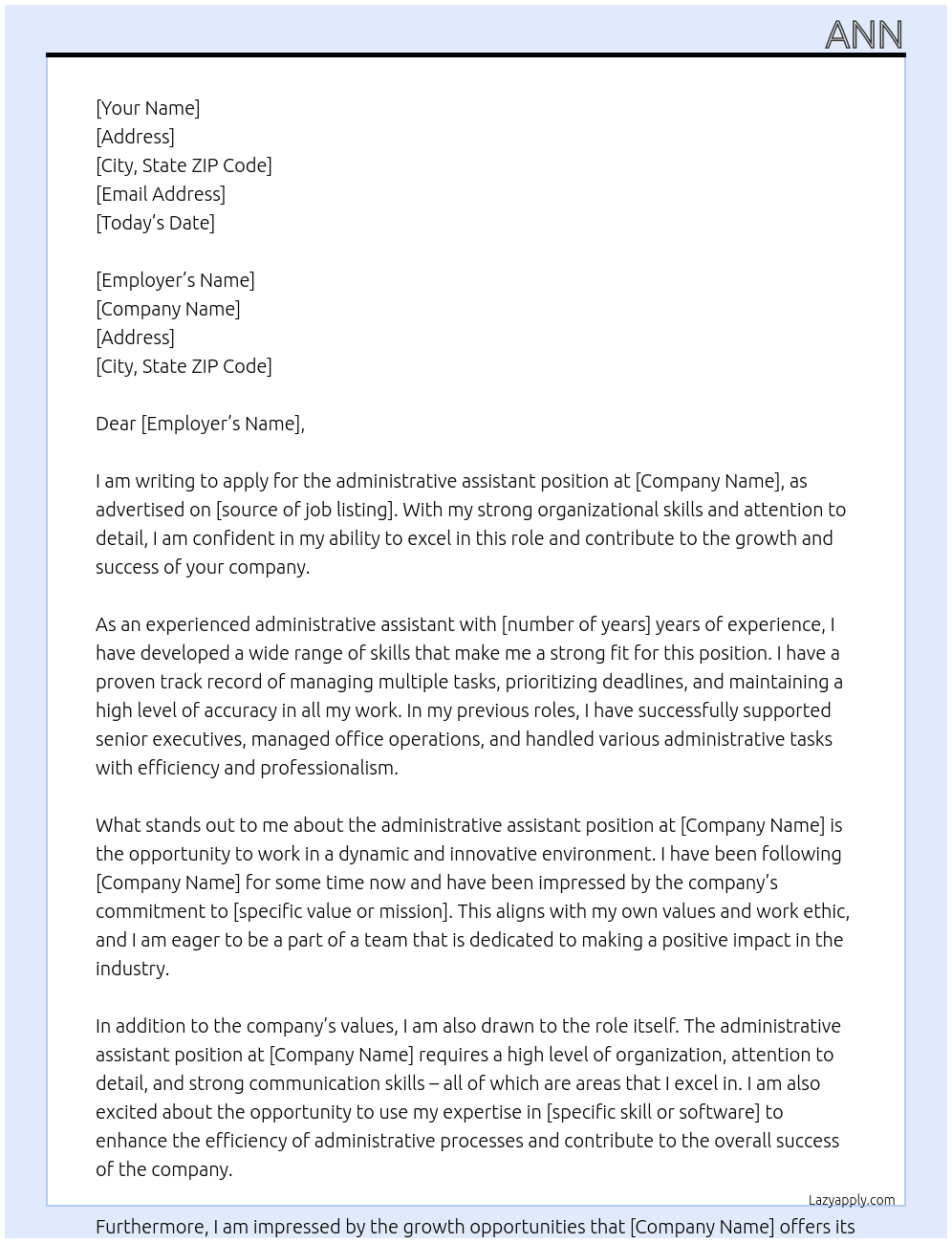 administrative assistant At ame Cover Letter