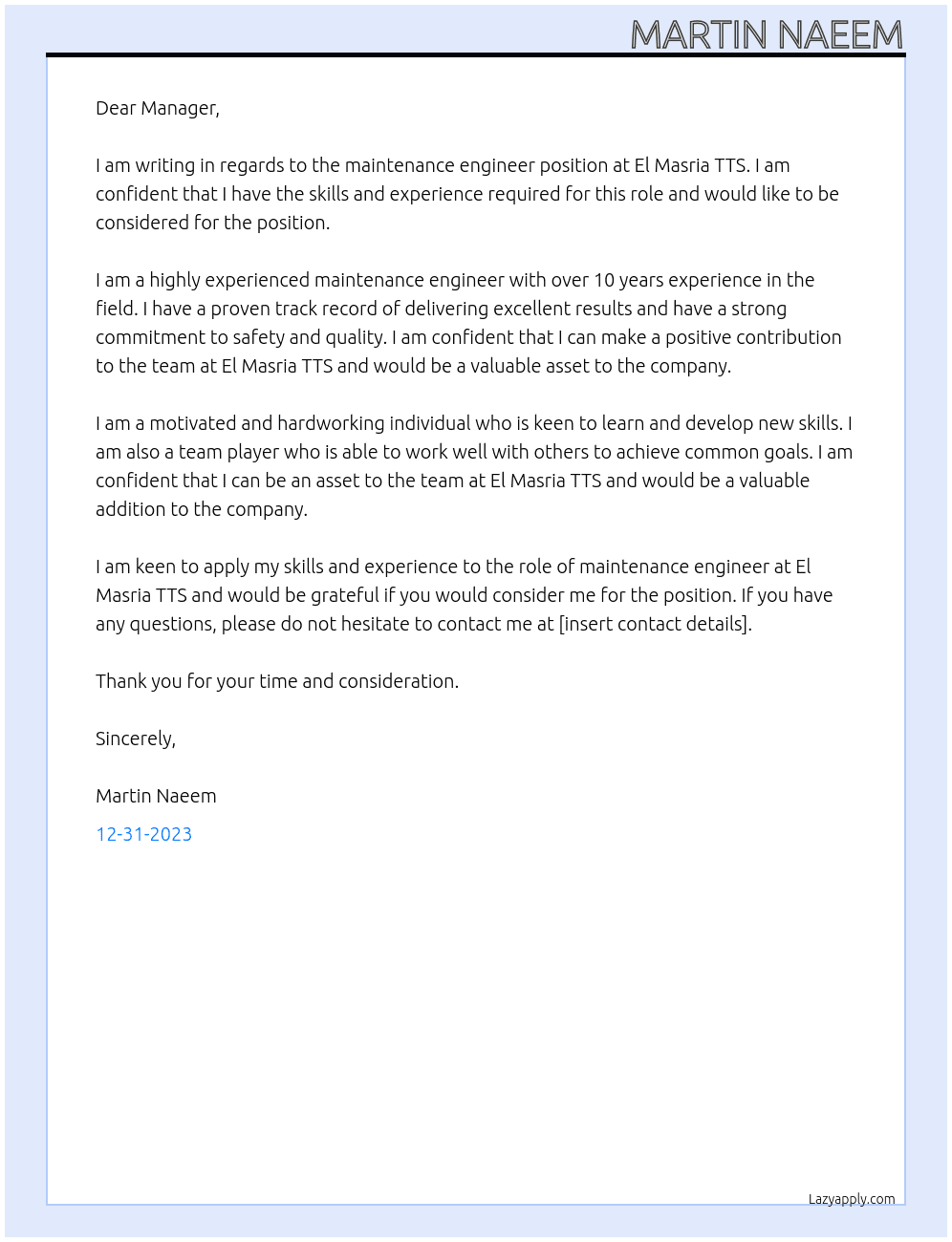 maintenance engineer  At El Masria TTS  Cover Letter