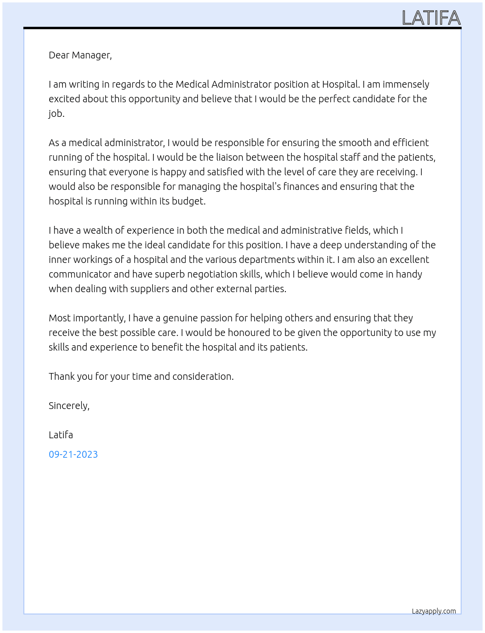 Medical Administrator At Hospital Cover Letter