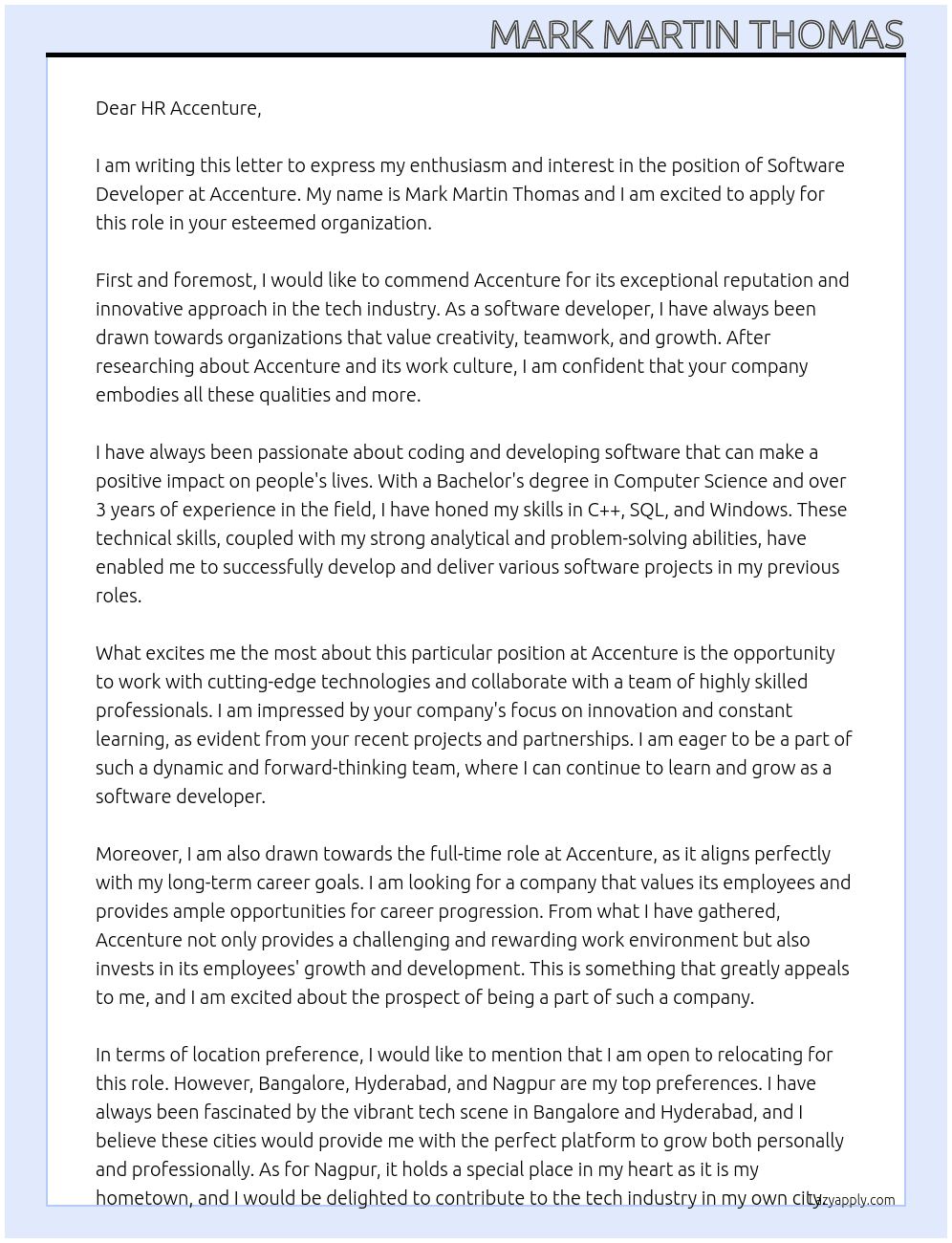 Software Developer  At Acceenture Cover Letter