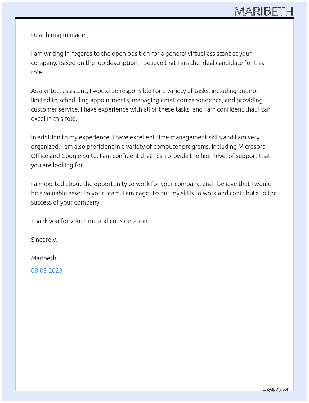 general virtual assistant At " " Cover Letter