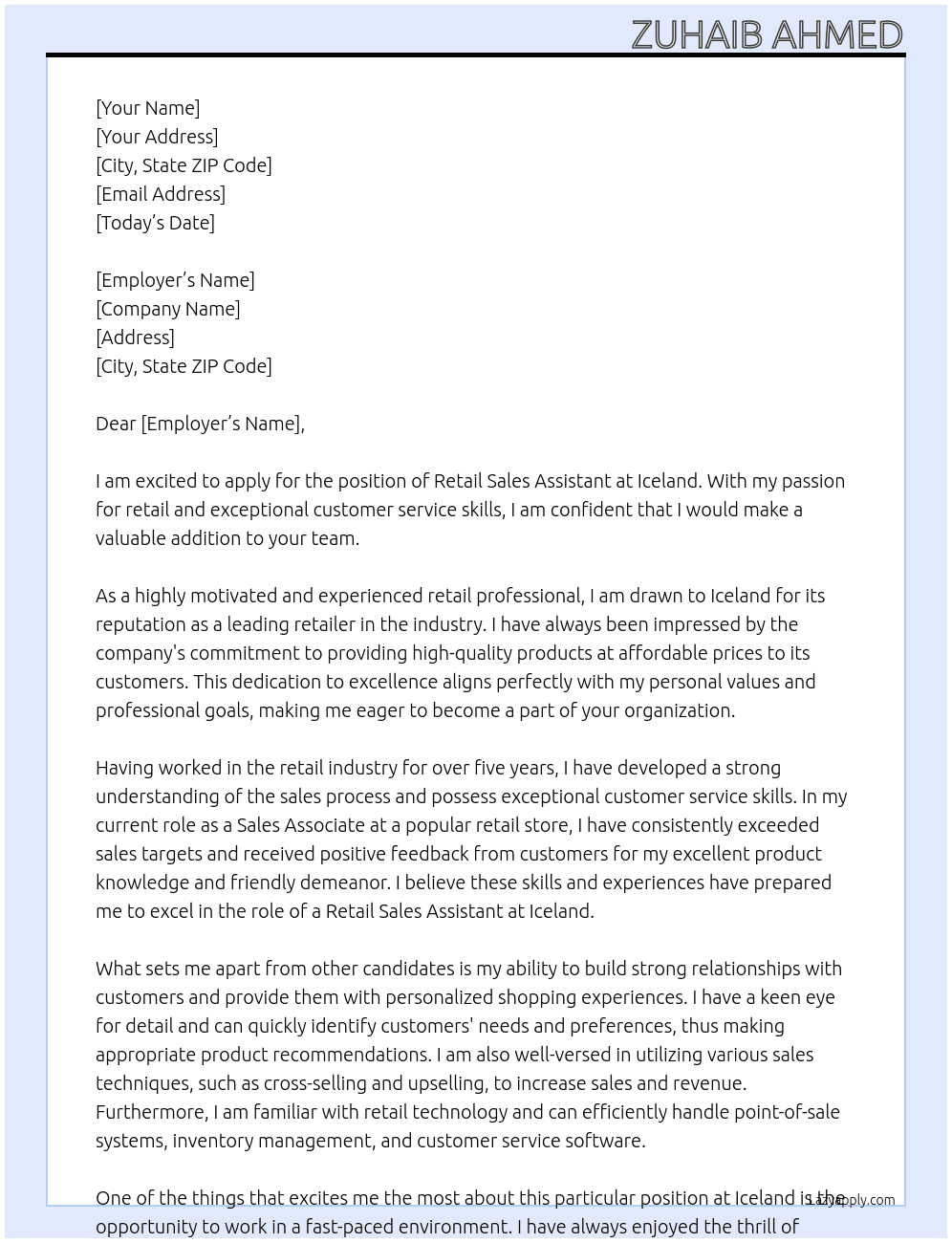 Retail sales assistant  At Iceland Cover Letter
