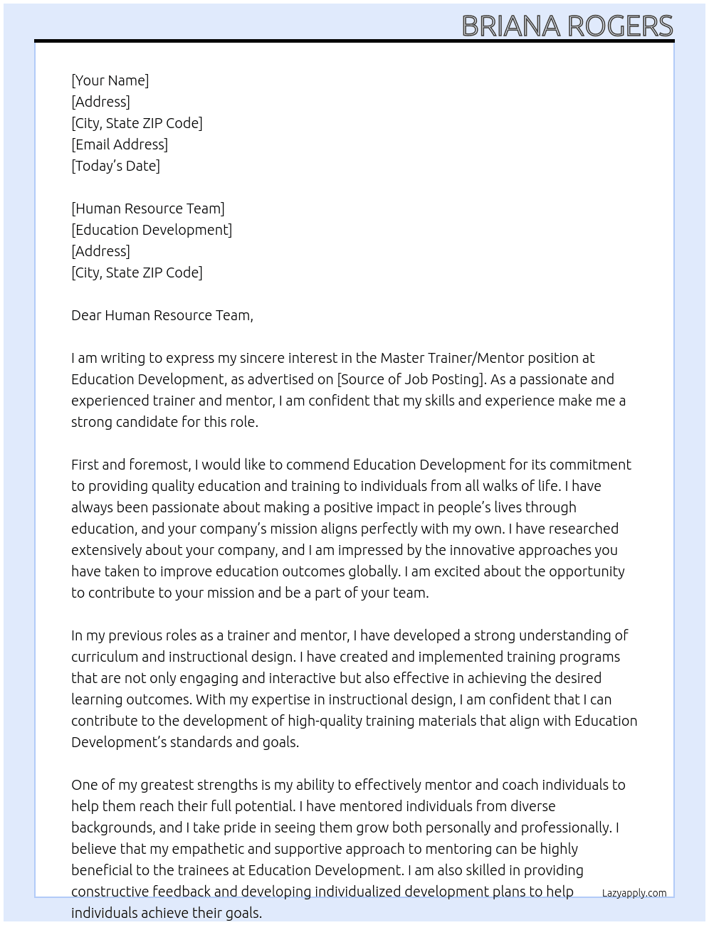 Master Trainer/Mentor At Education Development  Cover Letter