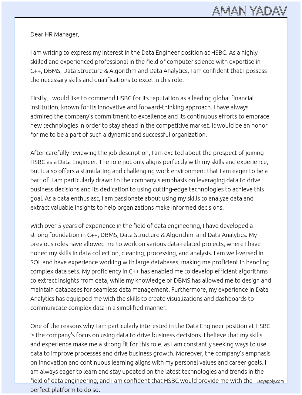 Data Engineer At HSBC Cover Letter