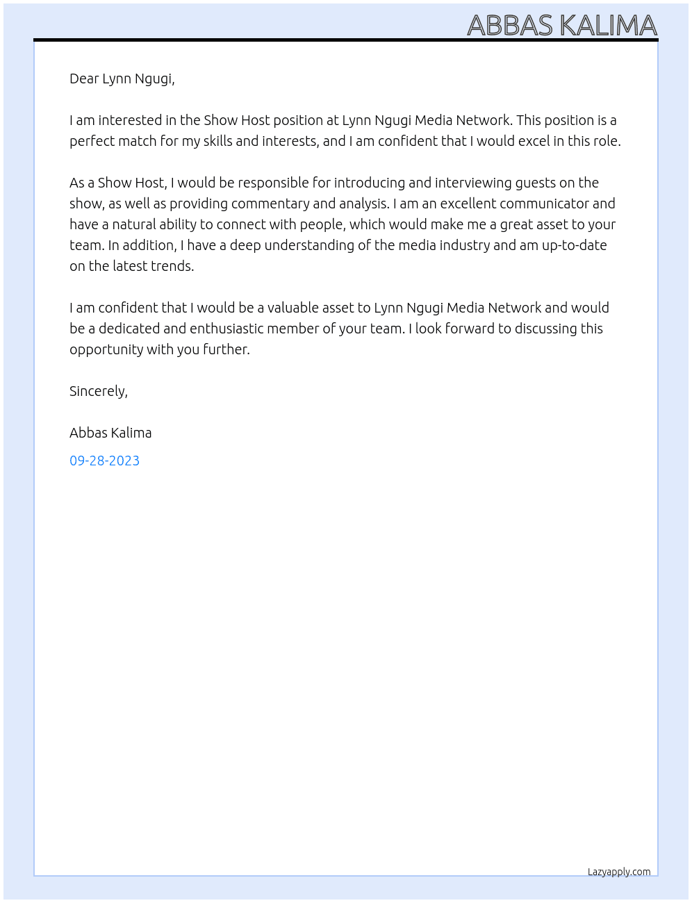 Show Host At Lynn Ngugi Media Network Cover Letter