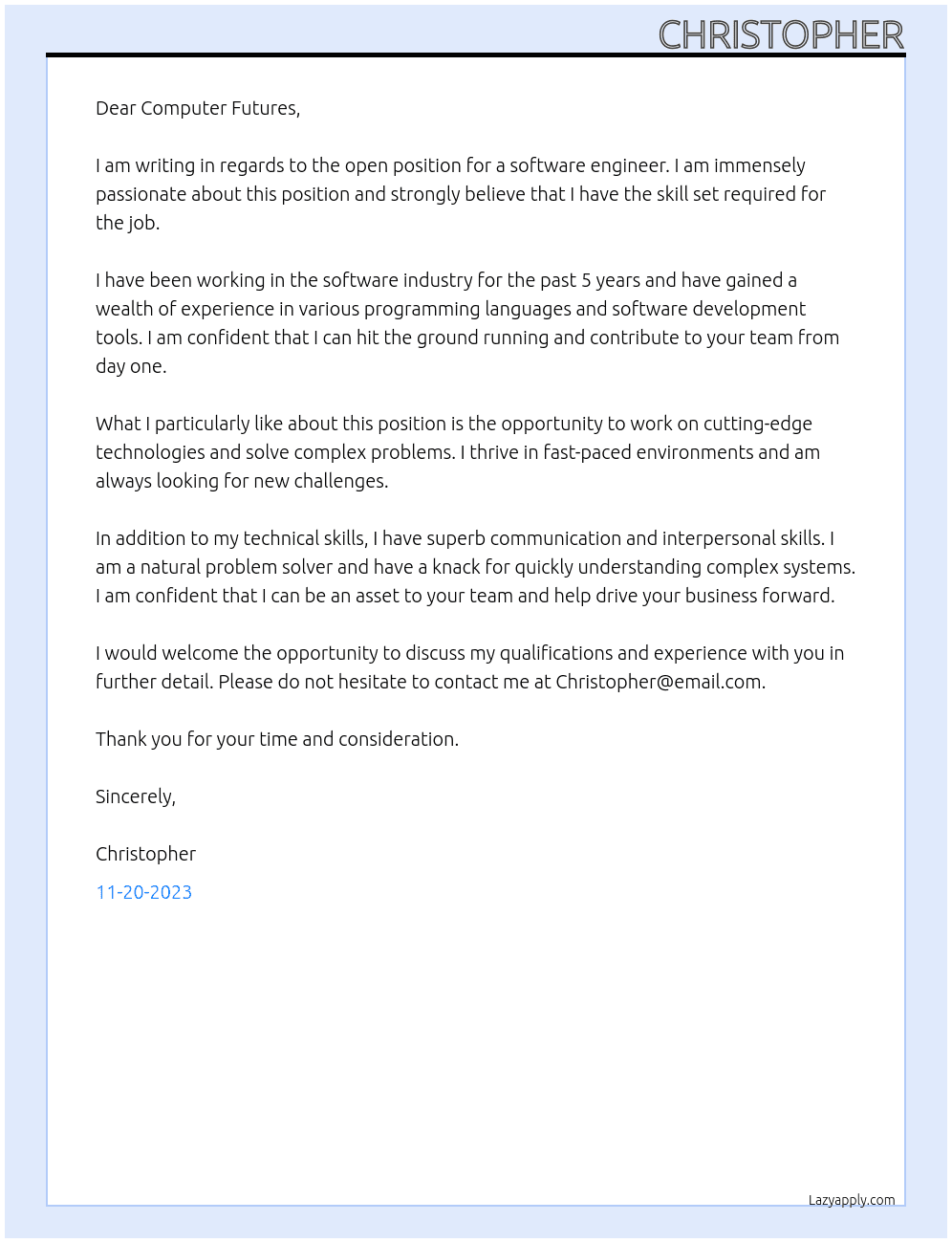 Software engineer At Computer Futures Cover Letter