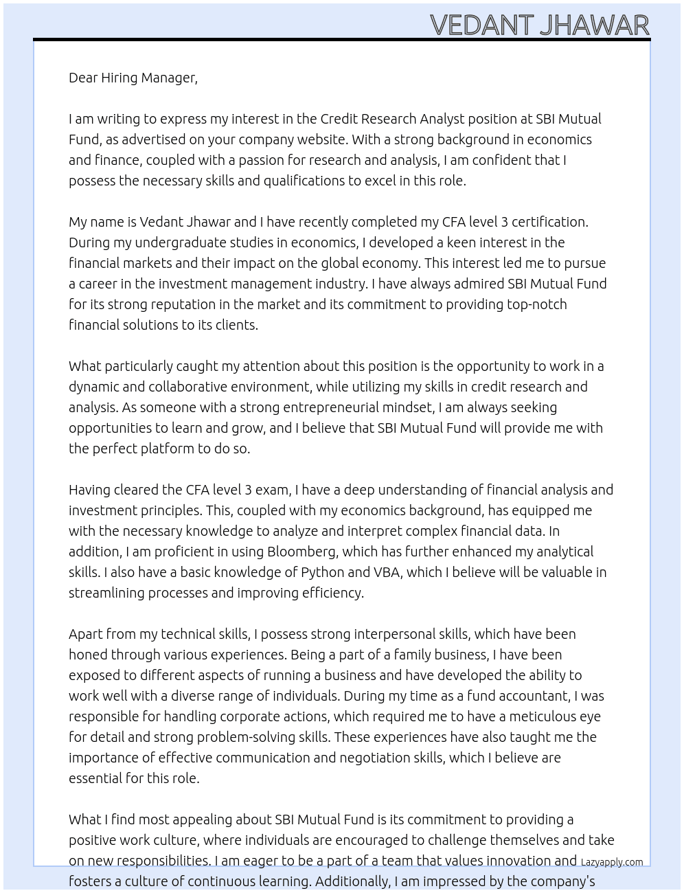 Credit Research Analyst At SBI Mutual Fund Cover Letter