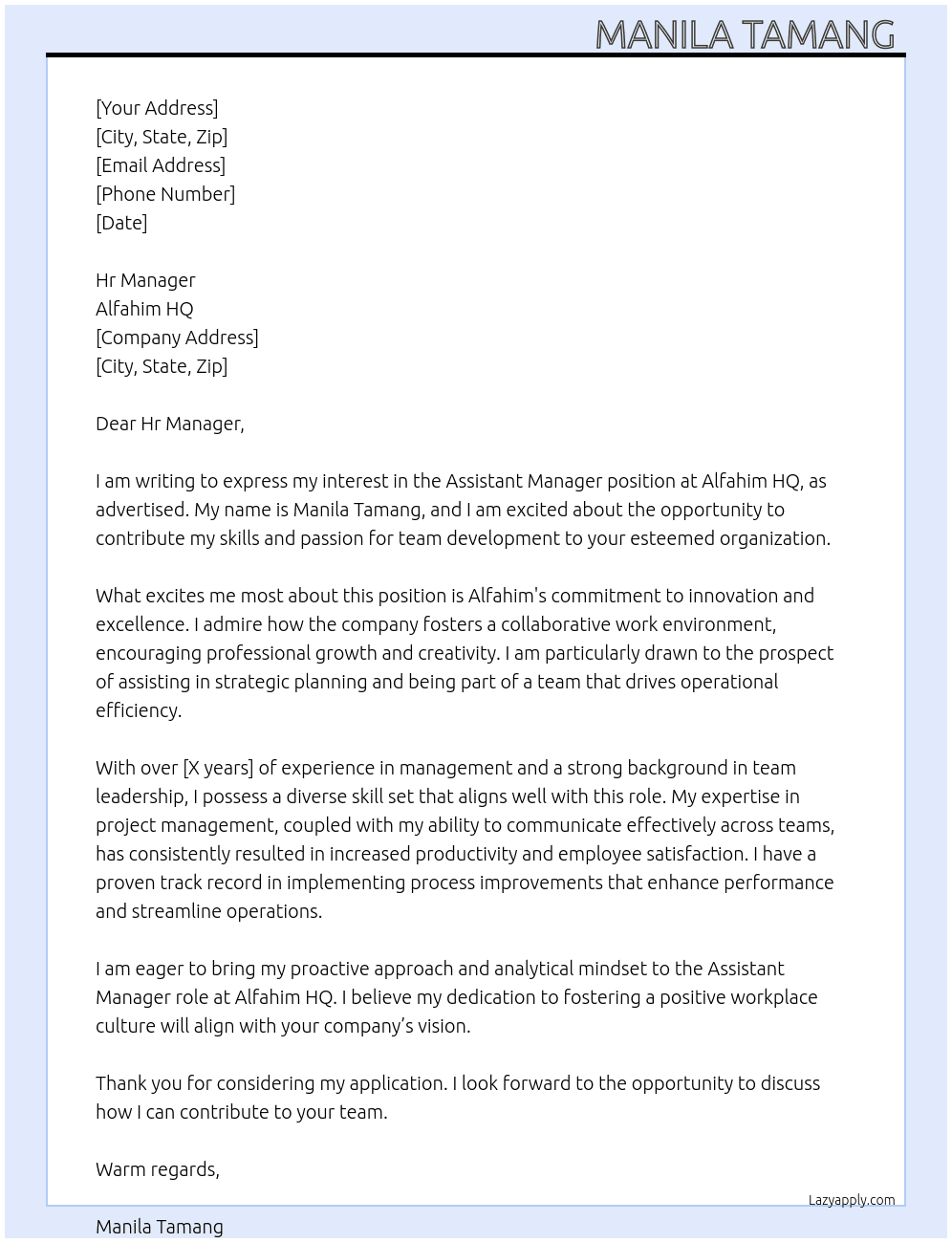 Assistant manager  At Alfahim hq Cover Letter