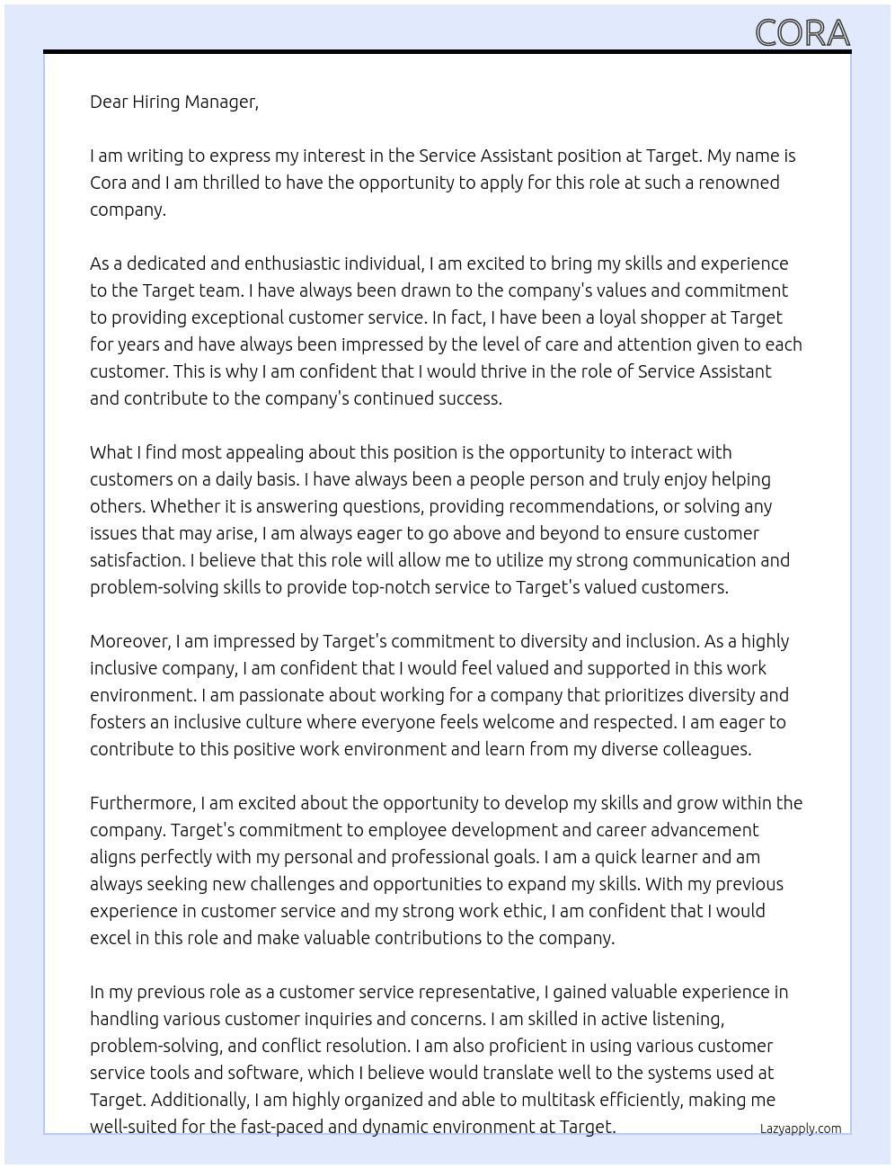 service assistant  At Target Cover Letter