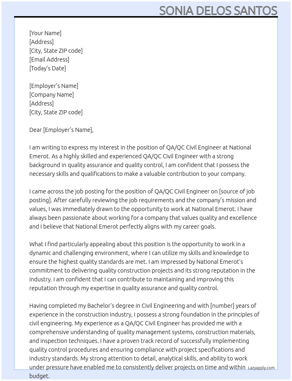 QA/QC Civil Engineer At National Emerot Cover Letter