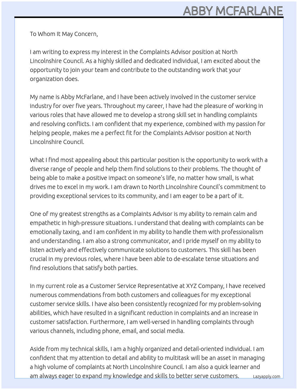 Complaints advisor At North Lincolnshire Council Cover Letter