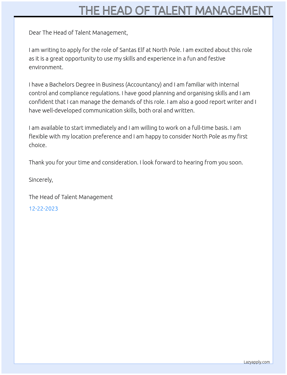 Santas Elf At North Pole Cover Letter