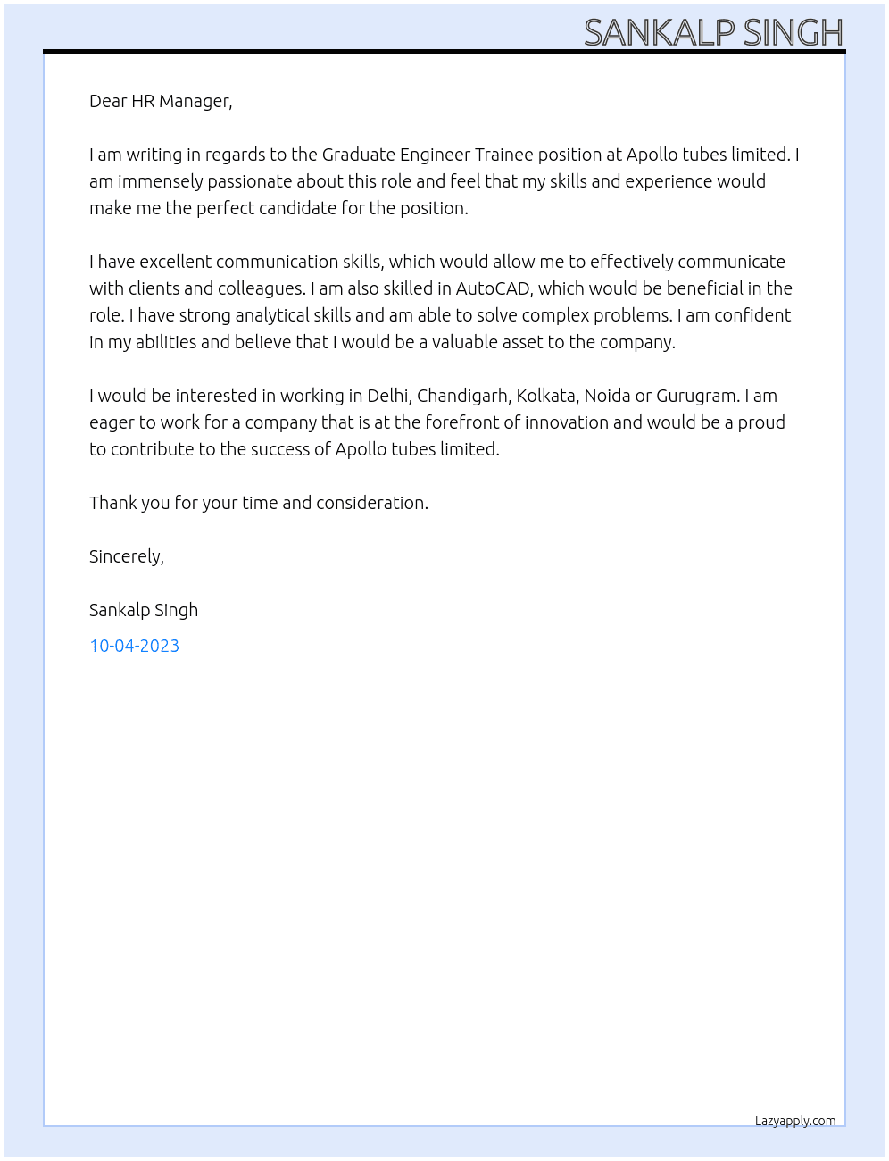 Graduate engineer trainee At Apollo tubes limited Cover Letter