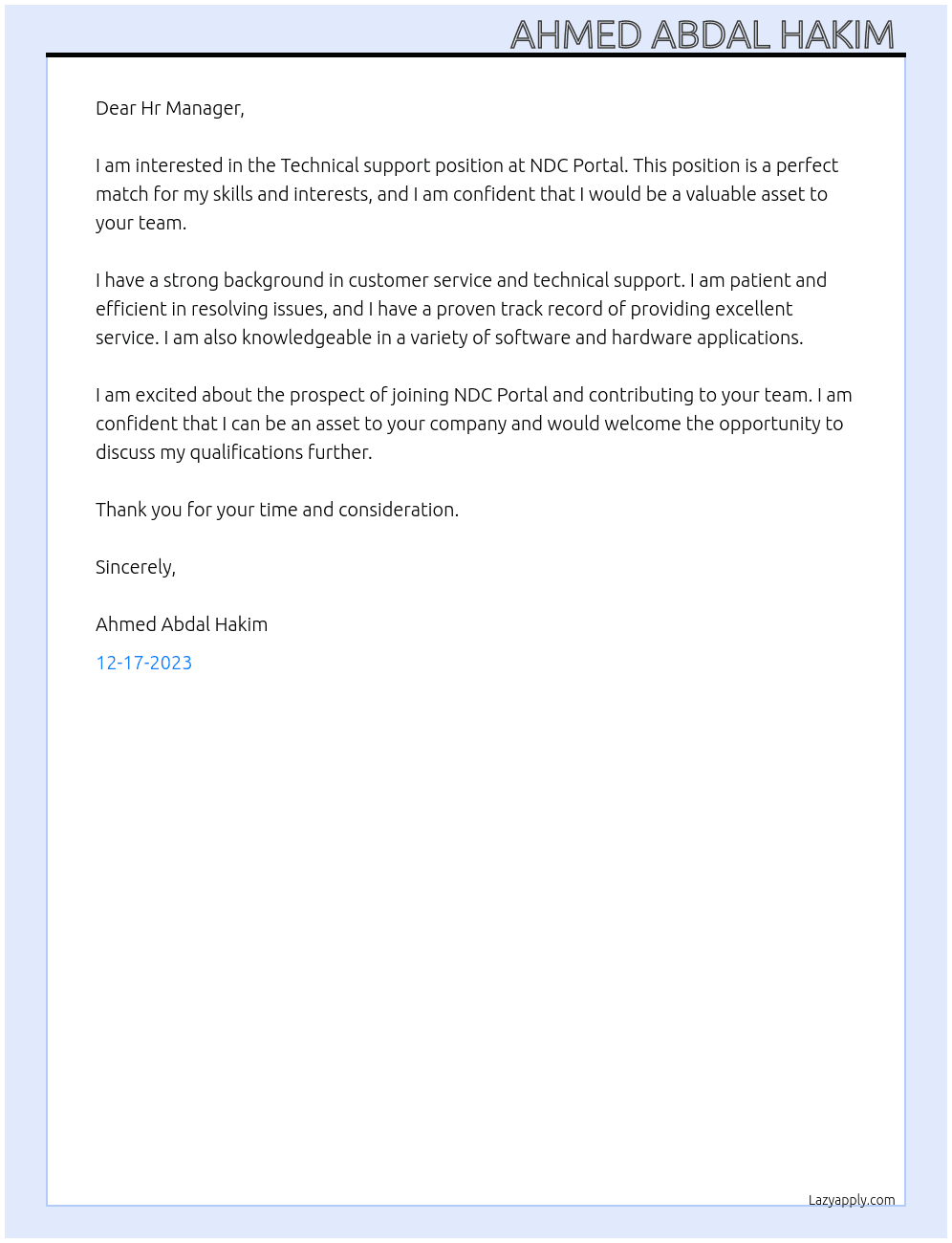 Technical support  At NDC Portal Cover Letter