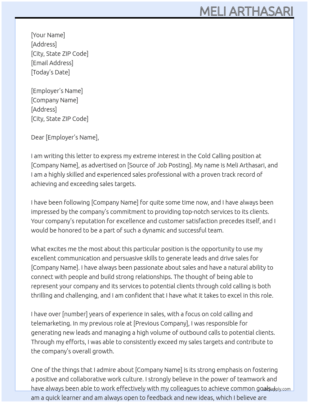 Cover letter for cold calling - LazyApply