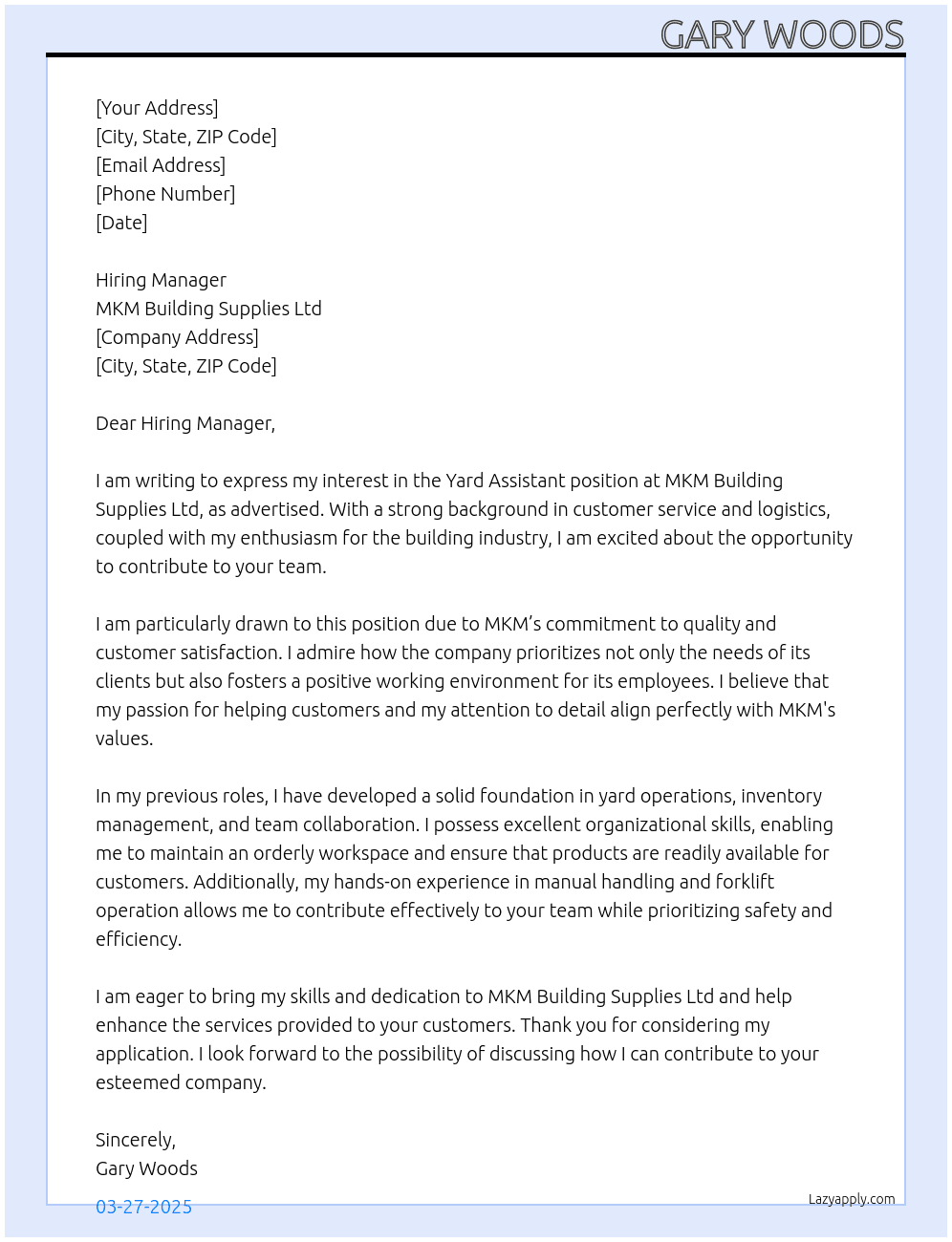 Yard Assistant At MKM Building Supplies Ltd Cover Letter