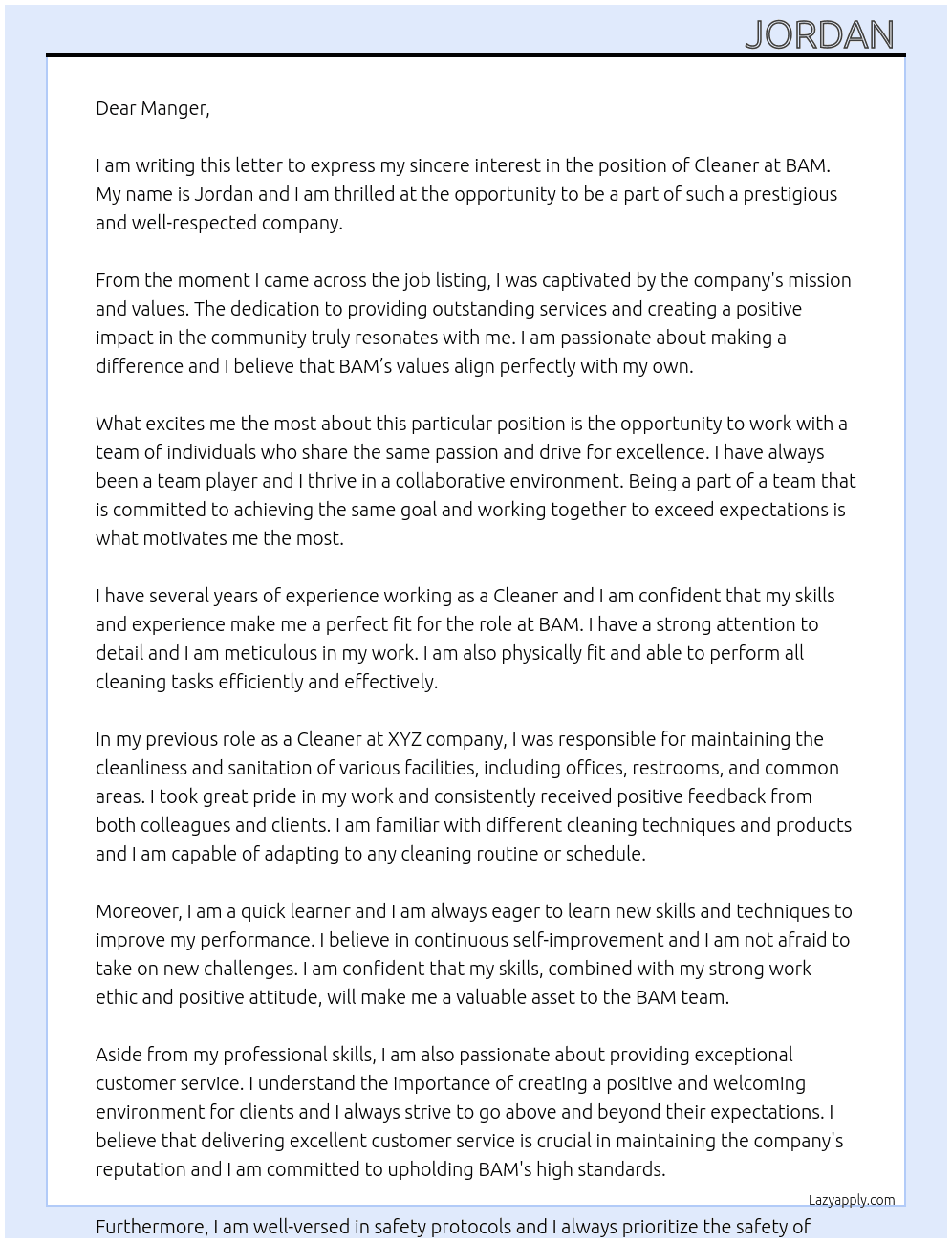 Cleaner At BAM Cover Letter