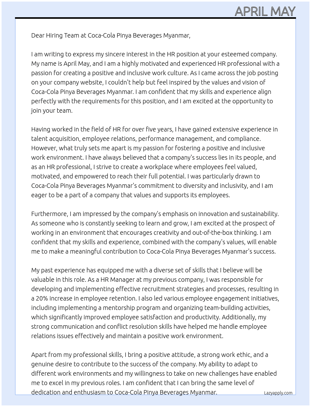 HR At Coca-Coal Pinya Beverages Myanmar Cover Letter