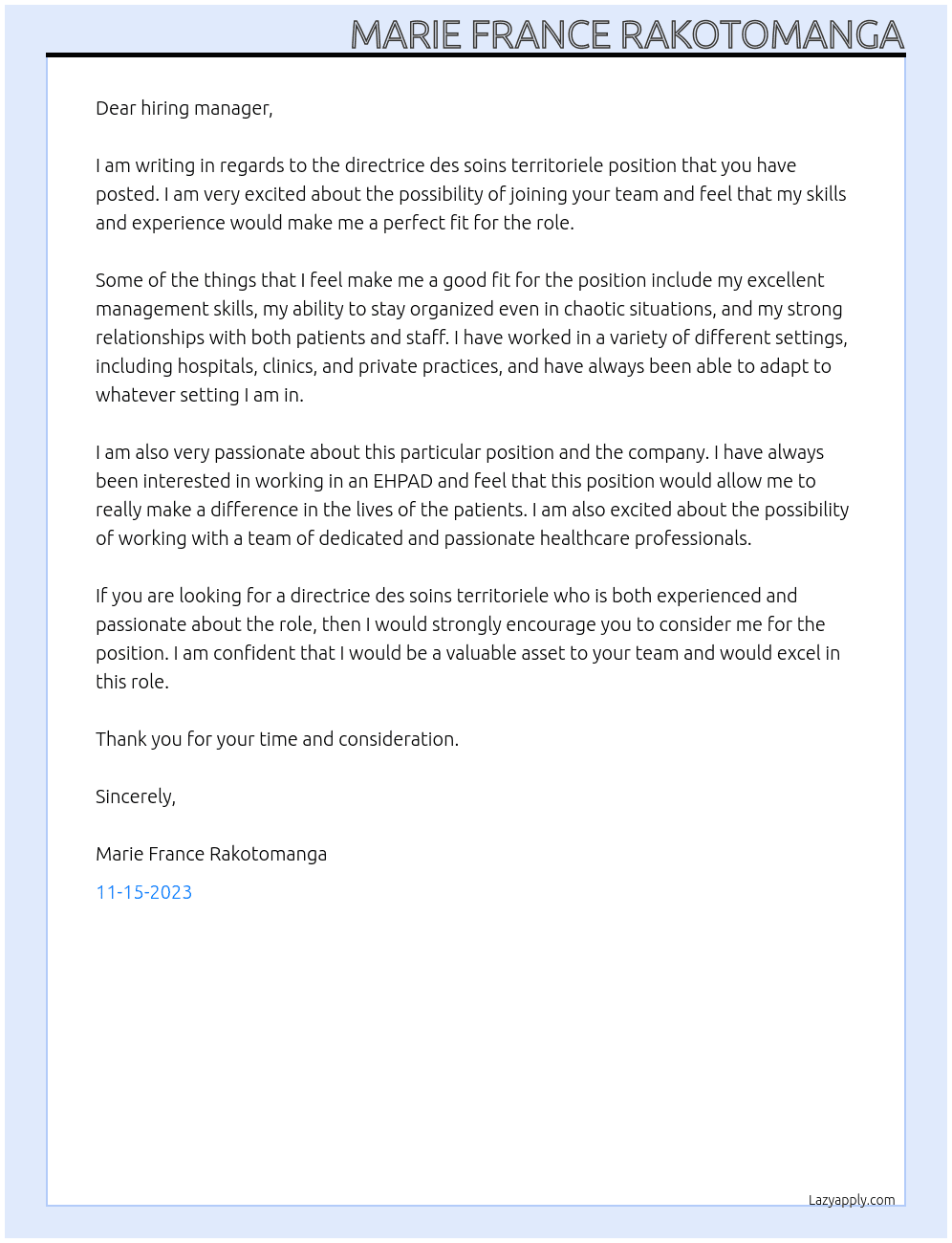 directrice des soins territoriele  At MARIE FRANCE RAKOTOMANGA Cover Letter