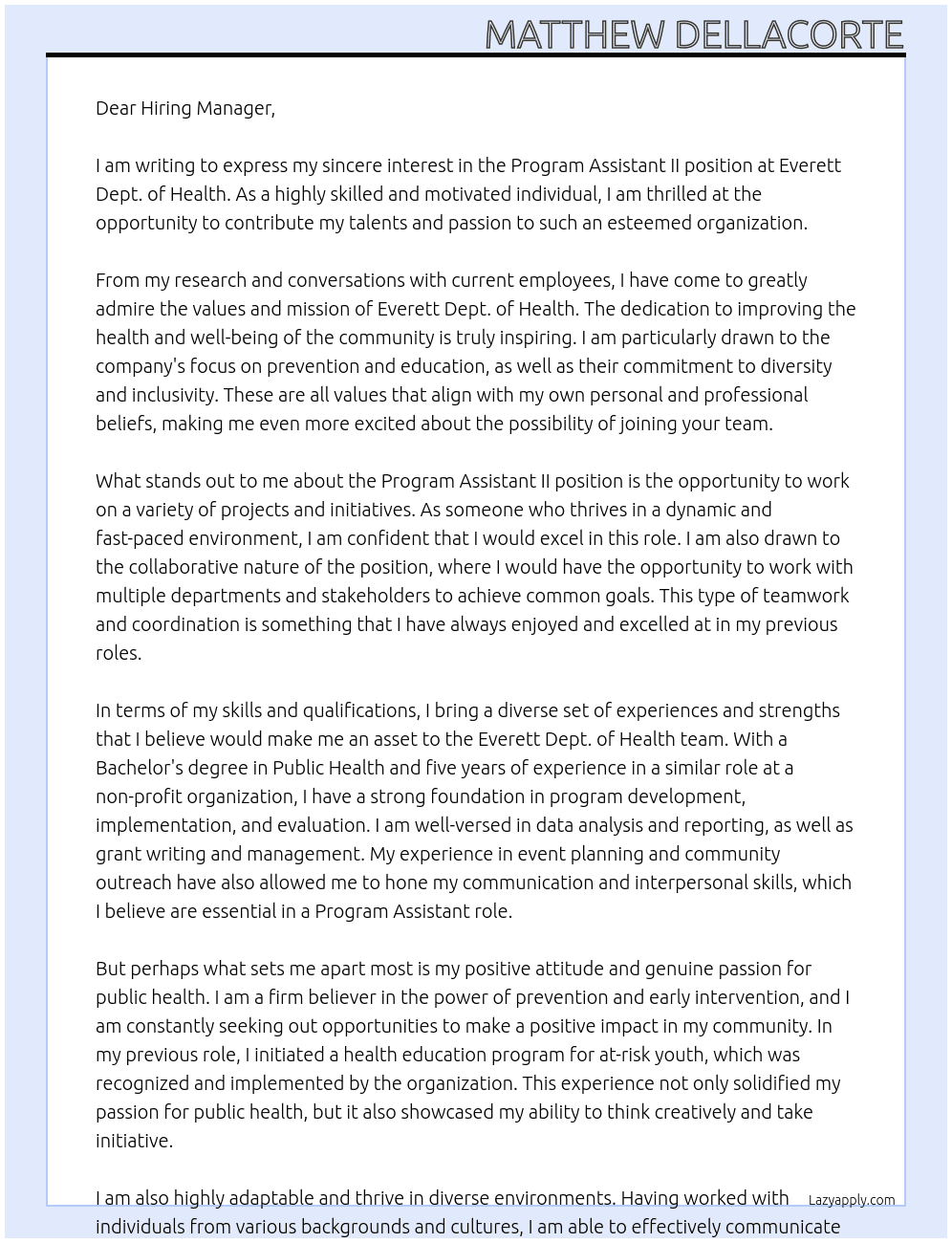 Program Assistant II At Everett Dept. of Health Cover Letter