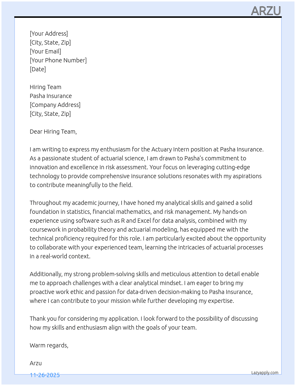 Cover letter for actuary intern - LazyApply