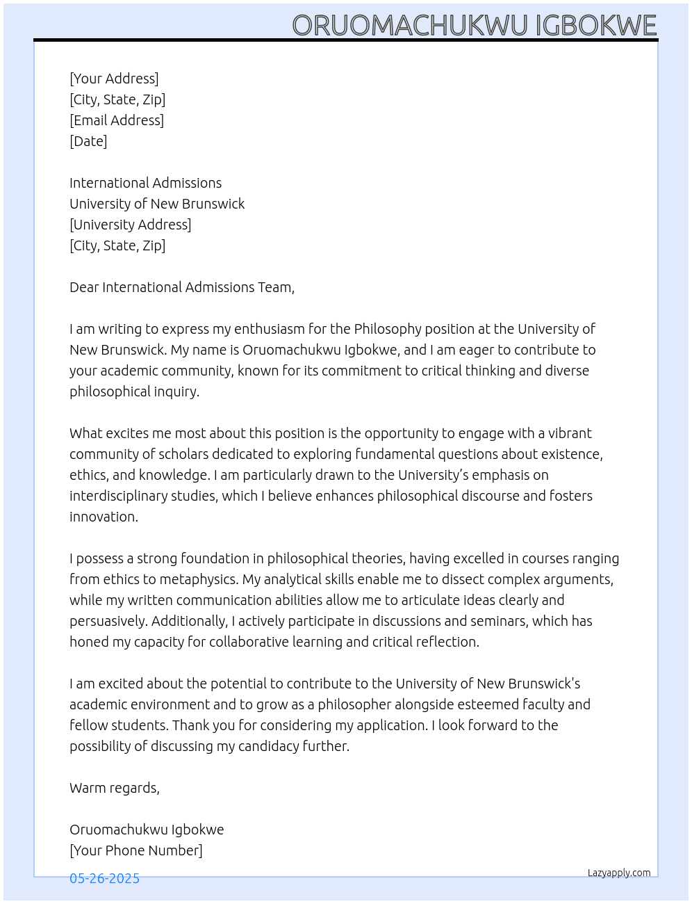 Philosophy student At University of New brunswick Cover Letter