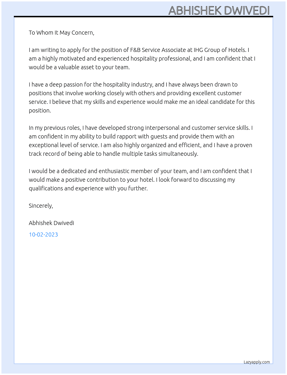F&B Service Associate  At IHG Group of Hotels,Hotel Holiday Inn Katra Vaishno Devi Cover Letter