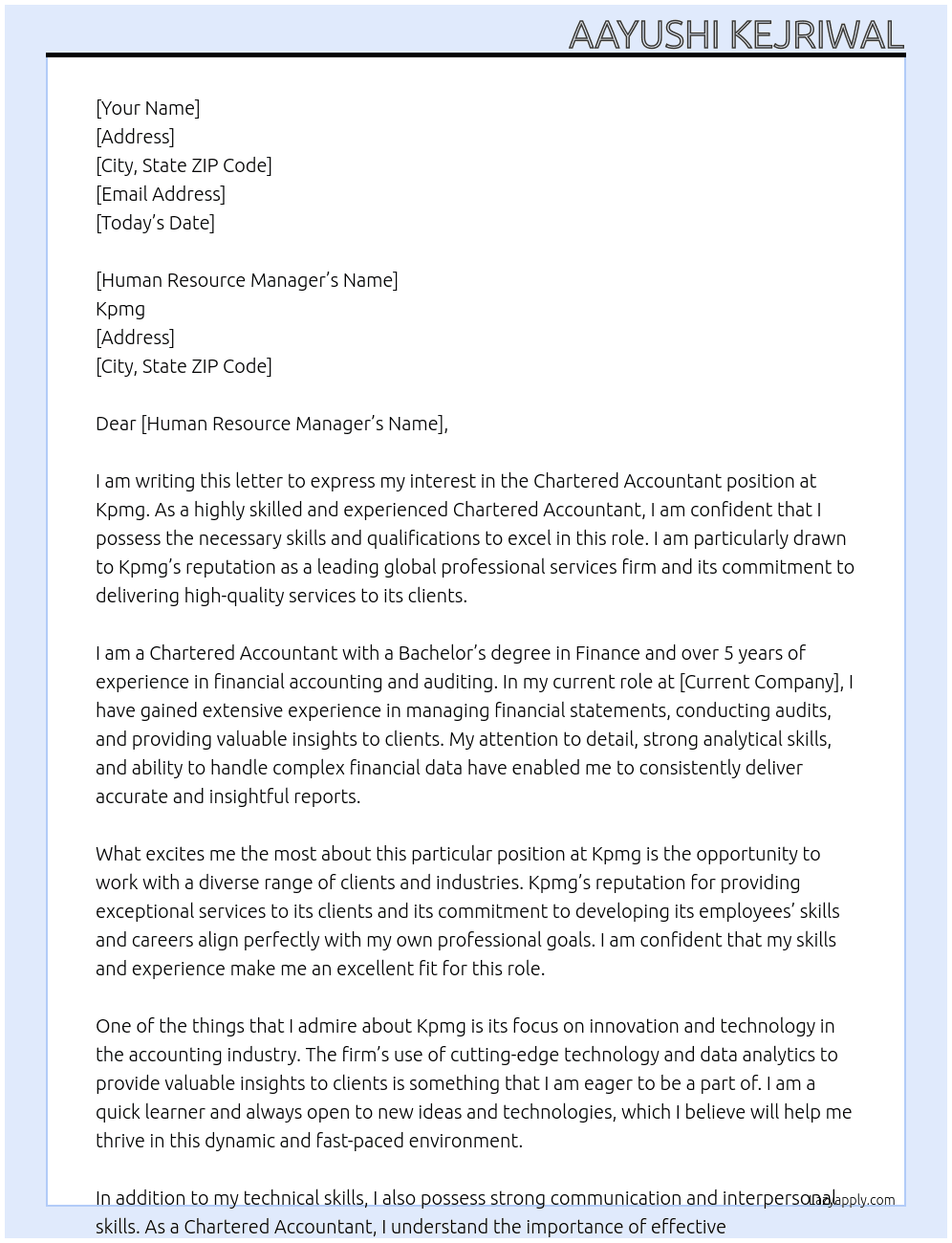Chartered accountant At Kpmg Cover Letter