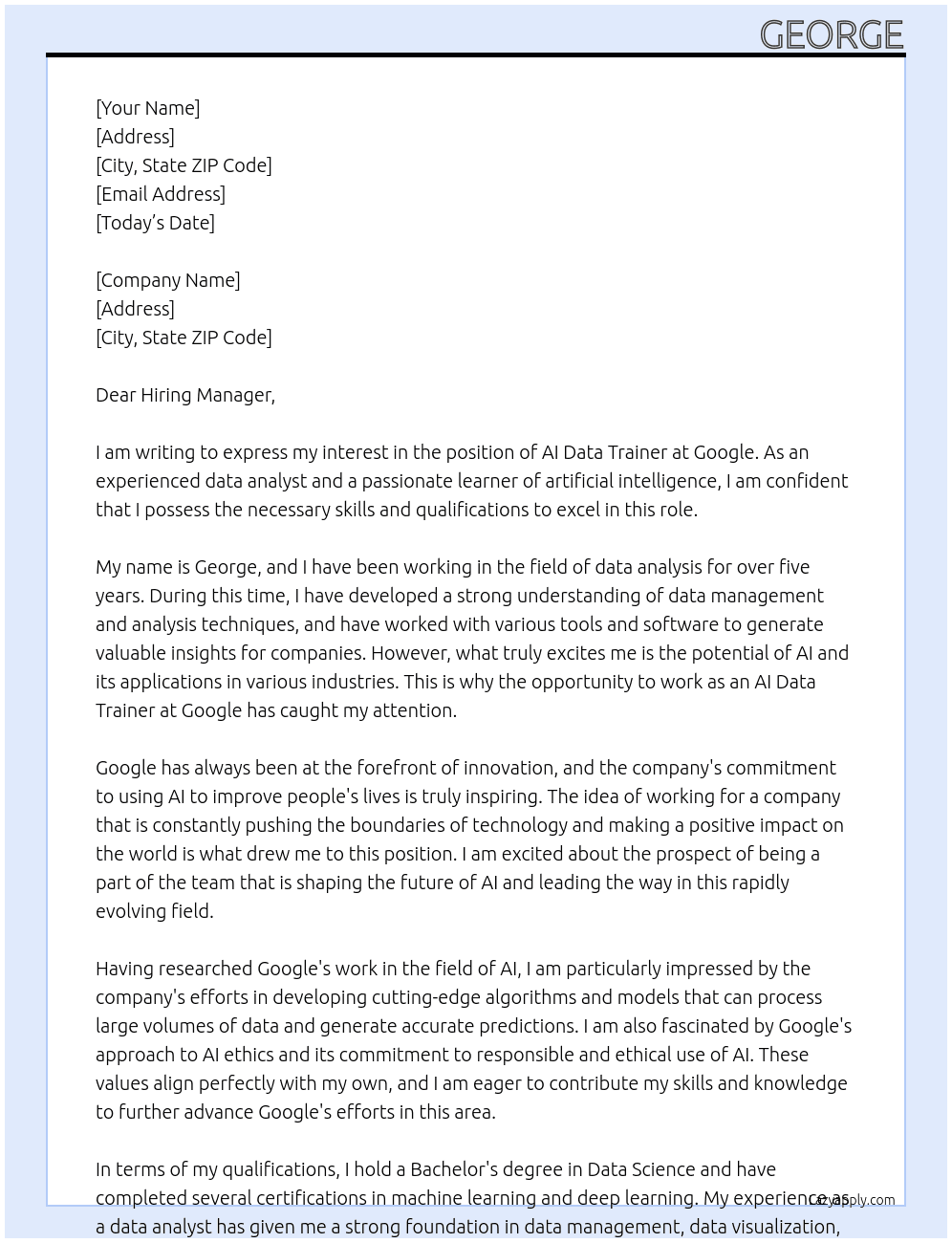 ai data trainer At Google Cover Letter