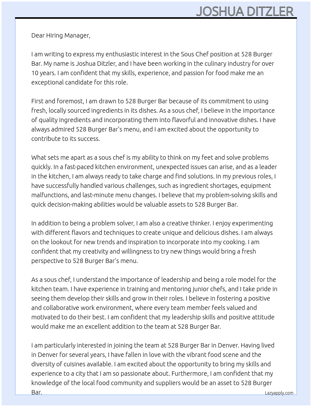 Sous Chef  At 528 Burger Bar  Cover Letter