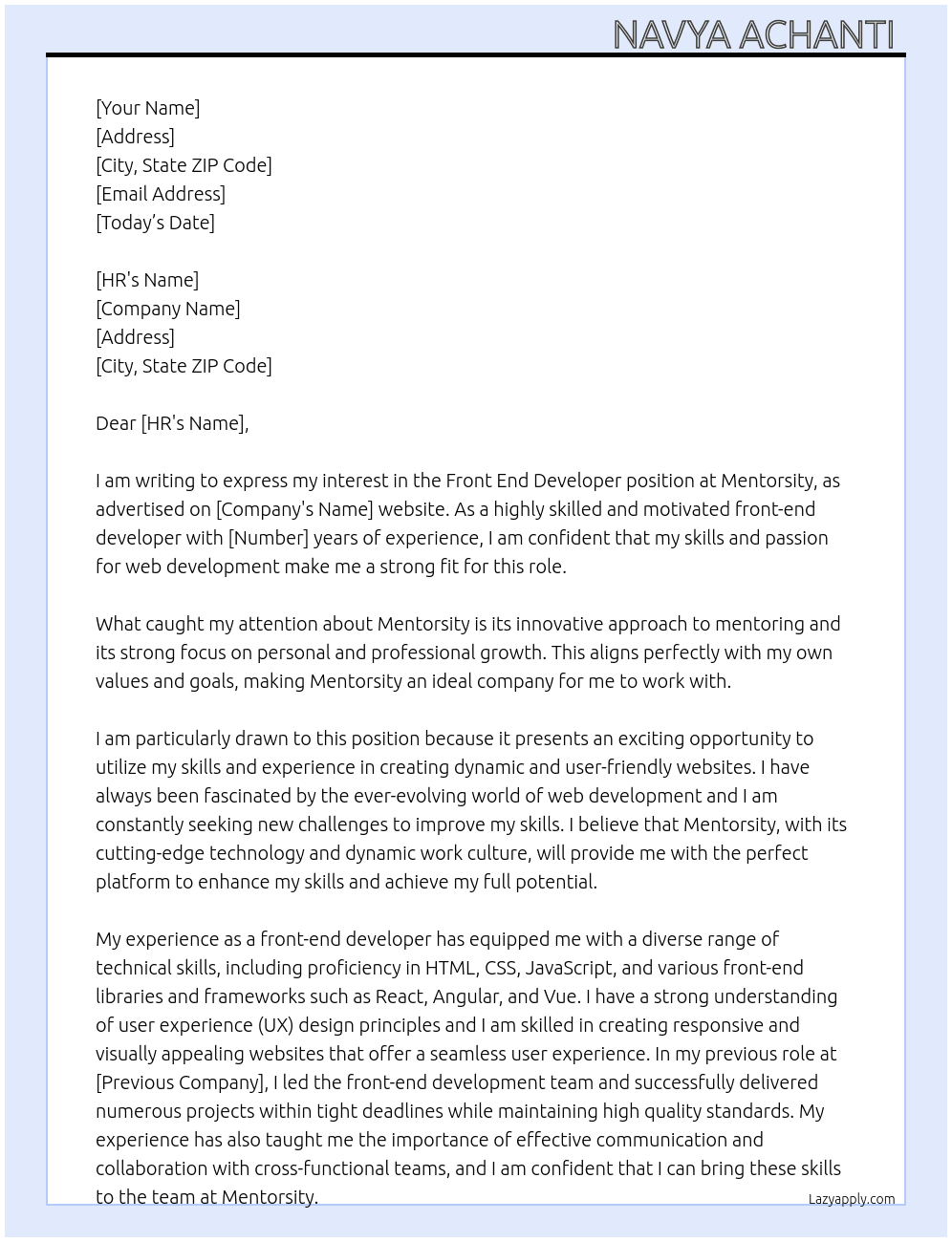 Front end Developer At Mentorsity Cover Letter
